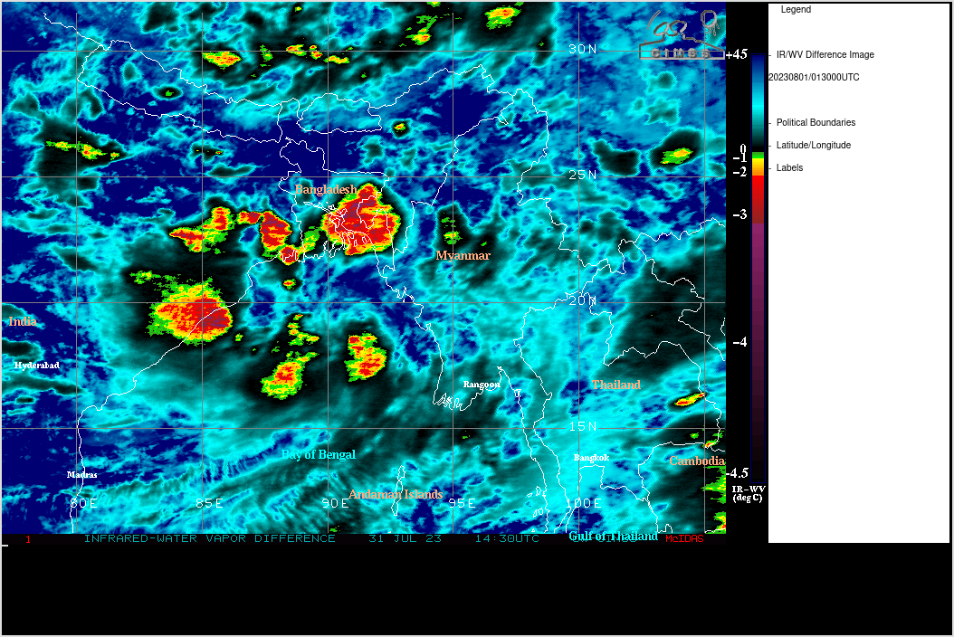 SATELLITE ANALYSIS, INITIAL POSITION AND INTENSITY DISCUSSION: ANIMATED MULTISPECTRAL SATELLITE IMAGERY (MSI) DEPICTS AN EXPOSED LOW LEVEL CIRCULATION CENTER (LLCC) WITH SPOTTY CONVECTION FLARING UP ON THE WESTERN AND SOUTHERN SIDES OF THE CIRCULATION. ANIMATED RADAR DATA FROM BANGLADESH SHOWS THE LLCC TO GOOD EFFECT, AND COMBINED WITH THE MSI IMAGERY, PROVIDED HIGH CONFIDENCE TO THE INITIAL POSITION. THE INITIAL INTENSITY REMAINS SET AT 40 KNOTS WITH MEDIUM CONFIDENCE, HEDGED SLIGHTLY HIGHER THAN THE AGENCY DVORAK INTENSITY ESTIMATES OF T2.0 (30 KNOTS) FROM BOTH PGTW AND KNES, IN PERSISTENCE WITH EARLIER SCATTEROMETER DATA. CIMSS ANALYSIS REVEALS A SIGNIFICANT INCREASE IN NORTHEASTERLY SHEAR, NOW UP TO 25-30 KNOTS, BUT THE UPPER-LEVEL FLOW REMAINS DIVERGENT IN THE VICINITY OF THE CIRCULATION, PROVIDING SOME EXHAUST FOR THE FLARING CONVECTION. OUTSIDE OF THE SHEAR, THE ENVIRONMENT REMAINS SUPPORTIVE, WITH VERY WARM SSTS AND ROBUST EQUATORWARD OUTFLOW.