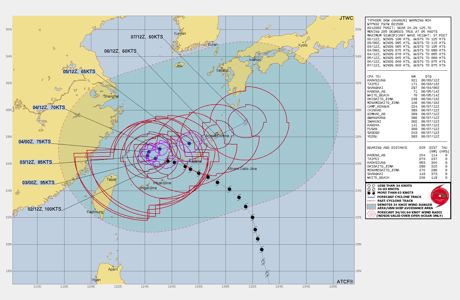 FORECAST REASONING.  SIGNIFICANT FORECAST CHANGES: THERE ARE NO SIGNIFICANT CHANGES TO THE FORECAST FROM THE PREVIOUS WARNING.  FORECAST DISCUSSION: TY 06W (KHANUN) IS FORECAST TO CONTINUE WEST-NORTHWESTWARD OVER THE NEXT 24 HOURS. DURING THAT TIME, THE ONGOING ERC WILL INDUCE LIMITED SHORT TERM WEAKENING THAT WILL EVENTUALLY BE EXACERBATED BY UPWELLING OF COOLER WATERS BENEATH 06W. THIS UPWELLING TAKES PLACE NEAR TAU 24, AS THE STR OVER THE YELLOW SEA BEGINS TO SHIFT WESTWARD AND BLOCKS ANY FURTHER MOVEMENT TOWARDS MAINLAND CHINA. AS TRACK SPEEDS GRIND TO A HALT, UPWELLING BEGINS TO QUICKLY WEAKEN THE SYSTEM. BY TAU 36, 06W IS FORECAST TO SHARPLY TURN GENERALLY EAST-NORTHEASTWARD EVENTUALLY PICKING UP SPEED WHILE CONTINUING TO WEAKEN. BY TAU 72, THE SYSTEM WILL HAVE WEAKENED TO AROUND 65KTS AS IT ONCE AGAIN PASSES KADENA AB. BEYOND TAU 100, HAS SEEN SOME OF THE GREATEST RUN TO RUN VARIABILITY, THANKS IN PART TO RIDGING, OR LACK THEREOF, THAT DEVELOPS TO THE NORTHEAST OF THE SYSTEM. FOR THE TIME BEING, THE PREPONDERANCE OF MODEL GUIDANCE BOTH DETERMINISTIC AND ENSEMBLE, INDICATES A PERSISTENT EAST-NORTHEASTERLY COURSE FOLLOWING TAU 36 AND THROUGH THE CURRENT FORECAST PERIOD. FORECAST REASONING.  SIGNIFICANT FORECAST CHANGES: THERE ARE NO SIGNIFICANT CHANGES TO THE FORECAST FROM THE PREVIOUS WARNING.  FORECAST DISCUSSION: TY 06W (KHANUN) IS FORECAST TO CONTINUE WEST-NORTHWESTWARD OVER THE NEXT 24 HOURS. DURING THAT TIME, THE ONGOING ERC WILL INDUCE LIMITED SHORT TERM WEAKENING THAT WILL EVENTUALLY BE EXACERBATED BY UPWELLING OF COOLER WATERS BENEATH 06W. THIS UPWELLING TAKES PLACE NEAR TAU 24, AS THE STR OVER THE YELLOW SEA BEGINS TO SHIFT WESTWARD AND BLOCKS ANY FURTHER MOVEMENT TOWARDS MAINLAND CHINA. AS TRACK SPEEDS GRIND TO A HALT, UPWELLING BEGINS TO QUICKLY WEAKEN THE SYSTEM. BY TAU 36, 06W IS FORECAST TO SHARPLY TURN GENERALLY EAST-NORTHEASTWARD EVENTUALLY PICKING UP SPEED WHILE CONTINUING TO WEAKEN. BY TAU 72, THE SYSTEM WILL HAVE WEAKENED TO AROUND 65KTS AS IT ONCE AGAIN PASSES KADENA AB. BEYOND TAU 100, HAS SEEN SOME OF THE GREATEST RUN TO RUN VARIABILITY, THANKS IN PART TO RIDGING, OR LACK THEREOF, THAT DEVELOPS TO THE NORTHEAST OF THE SYSTEM. FOR THE TIME BEING, THE PREPONDERANCE OF MODEL GUIDANCE BOTH DETERMINISTIC AND ENSEMBLE, INDICATES A PERSISTENT EAST-NORTHEASTERLY COURSE FOLLOWING TAU 36 AND THROUGH THE CURRENT FORECAST PERIOD.
