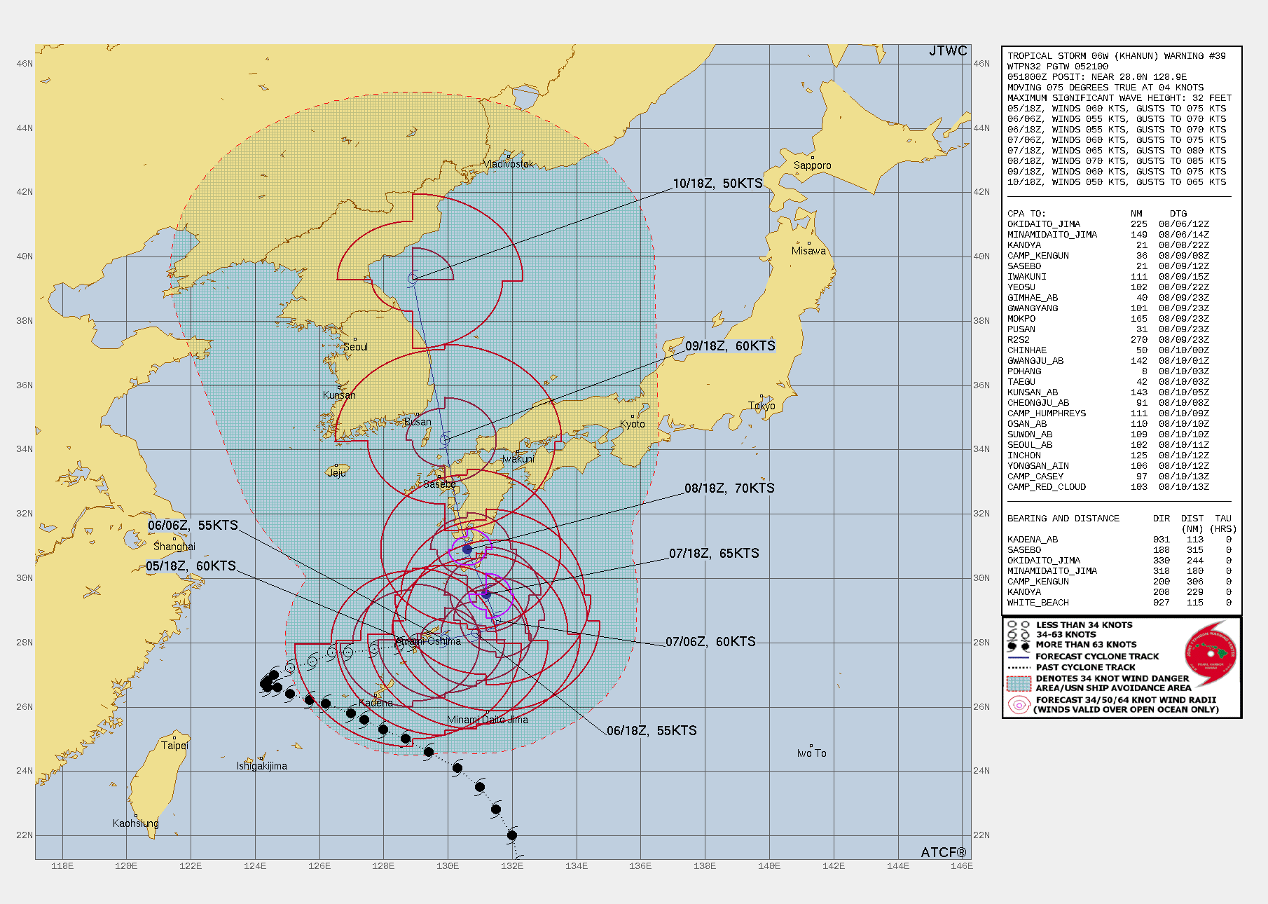 FORECAST REASONING.  SIGNIFICANT FORECAST CHANGES: THERE ARE NO SIGNIFICANT CHANGES TO THE FORECAST FROM THE PREVIOUS WARNING.  FORECAST DISCUSSION: AFTER MAKING A BRIEF PIT STOP AS IT PASSED THE RYUKU ISLANDS, OVER THE NEXT FEW HOURS, TS 06W WILL MOVE INTO THE PHILIPPINE SEA, THOUGH TRACK SPEEDS ARE EXPECTED TO REMAIN RELATIVELY SLOW. ONCE CLEAR OF THE ISLANDS, THE SYSTEM WILL MODESTLY ACCELERATE TOWARDS THE EAST-NORTHEAST UNDER THE STEERING INFLUENCE OF THE NER TO THE SOUTH. BY TAU 36, THE SYSTEM REACHES ANOTHER INFLECTION POINT IN THE STEERING REGIME, SLOWS DOWN TO NEAR QUASI-STATIONARY SPEEDS AND BEGINS TO TURN NORTHWARD. BY TAU 48, THE STRONG SUBTROPICAL RIDGE (STR) CENTERED FAR OUT IN THE NORTHERN PACIFIC TAKES OVER THE DOMINATE STEERING ROLE AND EJECTS TS 06W ON A  NORTH-NORTHWESTWARD TRACK WHICH TRACKS VERY CLOSE TO THE SOUTHERN TIP OF KYUSHU BY TAU 72. THE STR IS FORECAST TO BUILD AND PUSH WESTWARD AFTER TAU 72, WHICH WILL DRIVE TS 06W ONTO A GENERALLY NORTHWARD TRACK AFTER TAU 72, CROSSING VERY CLOSE TO SASEBO BEFORE EMERGING INTO THE TSUSHIMA STRAIT BY TAU 96, THEN TRACKING UP THE EAST COAST OF THE KOREAN PENINSULA THROUGH TAU 120. WHILE THE SYSTEM HAS MOVED OUT OF THE REGION OF MOST INTENSE UPWELLING, THE CONTINUED SLOW TRACK SPEEDS MEAN THAT UPWELLING IS STILL AN ISSUE. COMBINED WITH THE DRY MID-LEVEL AIR THAT CURRENTLY LIES OVER TOP OF THE SYSTEM, AND THE LACK OF MUCH OF AN OUTFLOW CHANNEL, THE SYSTEM IS EXPECTED TO WEAKEN SLIGHTLY THROUGH THE NEXT 12 TO 24 HOURS. BY TAU 24, IT WILL HAVE MOVED FAR ENOUGH INTO THE PHILIPPINE SEA TO ACCESS WARMER, HIGHER OHC WATERS, OUTFLOW BEGINS TO IMPROVE AND THE DRY AIR IS EXPECTED TO MOISTEN UP A BIT, WHICH WILL ALLOW THE SYSTEM TO EMBARK ON A SLOW INTENSIFICATION TREND, THE PACE OF WHICH WILL BE LIMITED BY THE EXPANSIVE DIAMETER OF THE CIRCULATION. BY TAU 48, THE CIRCULATION IS FORECAST TO DECREASE IN SIZE, SSTS WILL BE AT THEIR WARMEST (29C) AND THE SYSTEM BEGINS TO TAP INTO A POLEWARD OUTFLOW CHANNEL AHEAD OF AN APPROACHING UPPER-LEVEL TROUGH, TRIGGERING A BURST OF INTENSIFICATION UP TO 70 KNOTS AS THE SYSTEM APPROACHES LANDFALL. PASSAGE OVER KYUSHU WILL LEAD TO A GENERALIZED WEAKENING DUE TO TERRAIN INTERACTION, WHICH IS EXPECTED TO CONTINUE AS THE SYSTEM MOVES NORTH JUST EAST OF THE KOREAN PENINSULA. BY TAU 120 THE SYSTEM BEGINS EXTRATROPICAL TRANSITION (ETT) AS IT INTERACTS WITH A SHARP 500MB TROUGH AND ASSOCIATED BAROCLINIC ZONE.