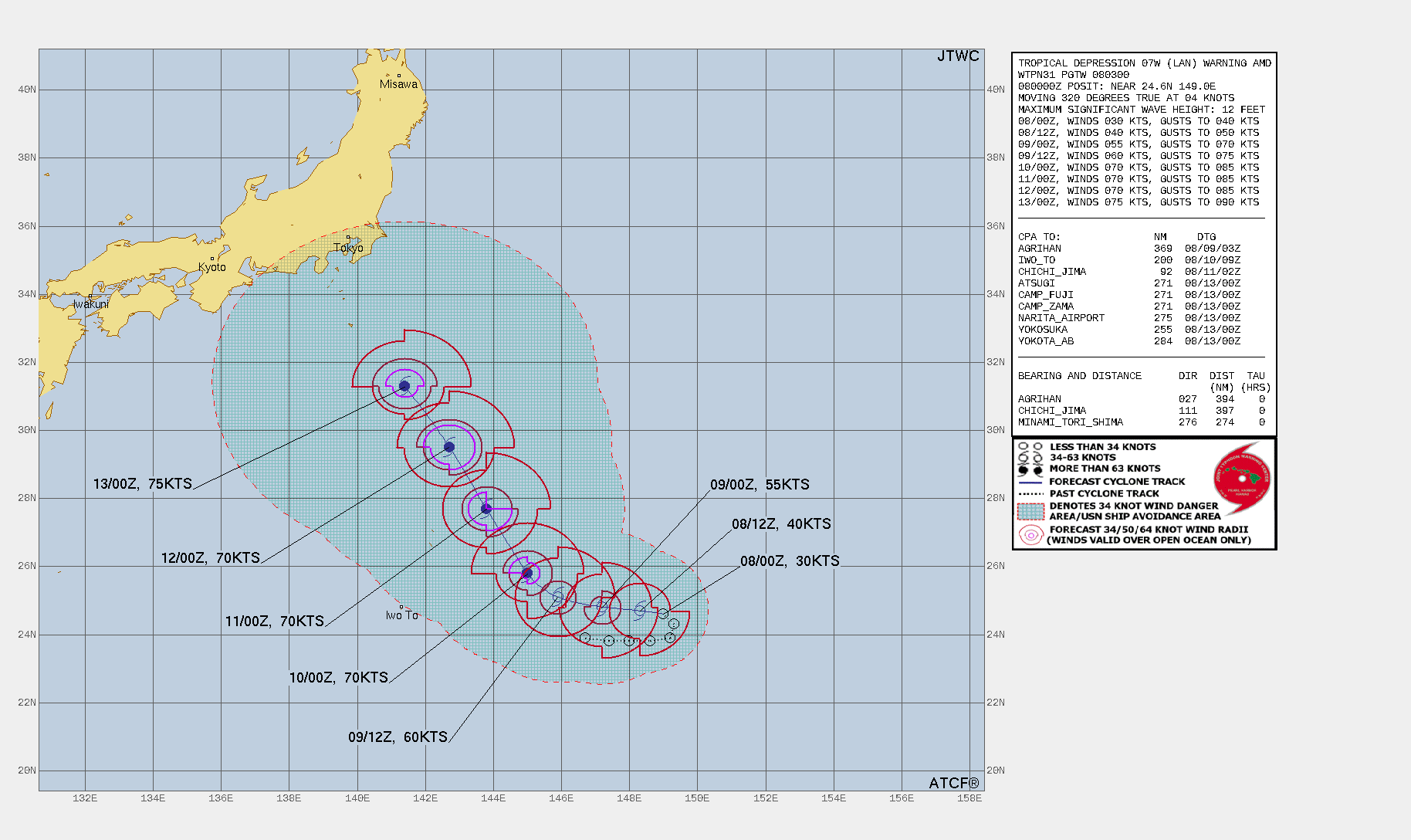 FORECAST REASONING.  SIGNIFICANT FORECAST CHANGES: THERE ARE NO SIGNIFICANT CHANGES TO THE FORECAST FROM THE PREVIOUS WARNING.  FORECAST DISCUSSION: TD 07W WILL TURN MORE WESTWARD AS THE STR BUILDS. AFTER TAU 36, THE SYSTEM WILL TRACK MORE NORTHWESTWARD TOWARD YOKOSUKA AS THE STR RECEDES WITH THE APPROACH OF A MID-LATITUDE TROUGH FROM THE NORTHWEST. DECREASING VWS AND INCREASING POLEWARD OUTFLOW WILL FUEL A STEADY INTENSIFICATION TO 75KTS BY TAU 120. FORECAST REASONING.  SIGNIFICANT FORECAST CHANGES: THERE ARE NO SIGNIFICANT CHANGES TO THE FORECAST FROM THE PREVIOUS WARNING.  FORECAST DISCUSSION: TD 07W WILL TURN MORE WESTWARD AS THE STR BUILDS. AFTER TAU 36, THE SYSTEM WILL TRACK MORE NORTHWESTWARD TOWARD YOKOSUKA AS THE STR RECEDES WITH THE APPROACH OF A MID-LATITUDE TROUGH FROM THE NORTHWEST. DECREASING VWS AND INCREASING POLEWARD OUTFLOW WILL FUEL A STEADY INTENSIFICATION TO 75KTS BY TAU 120.