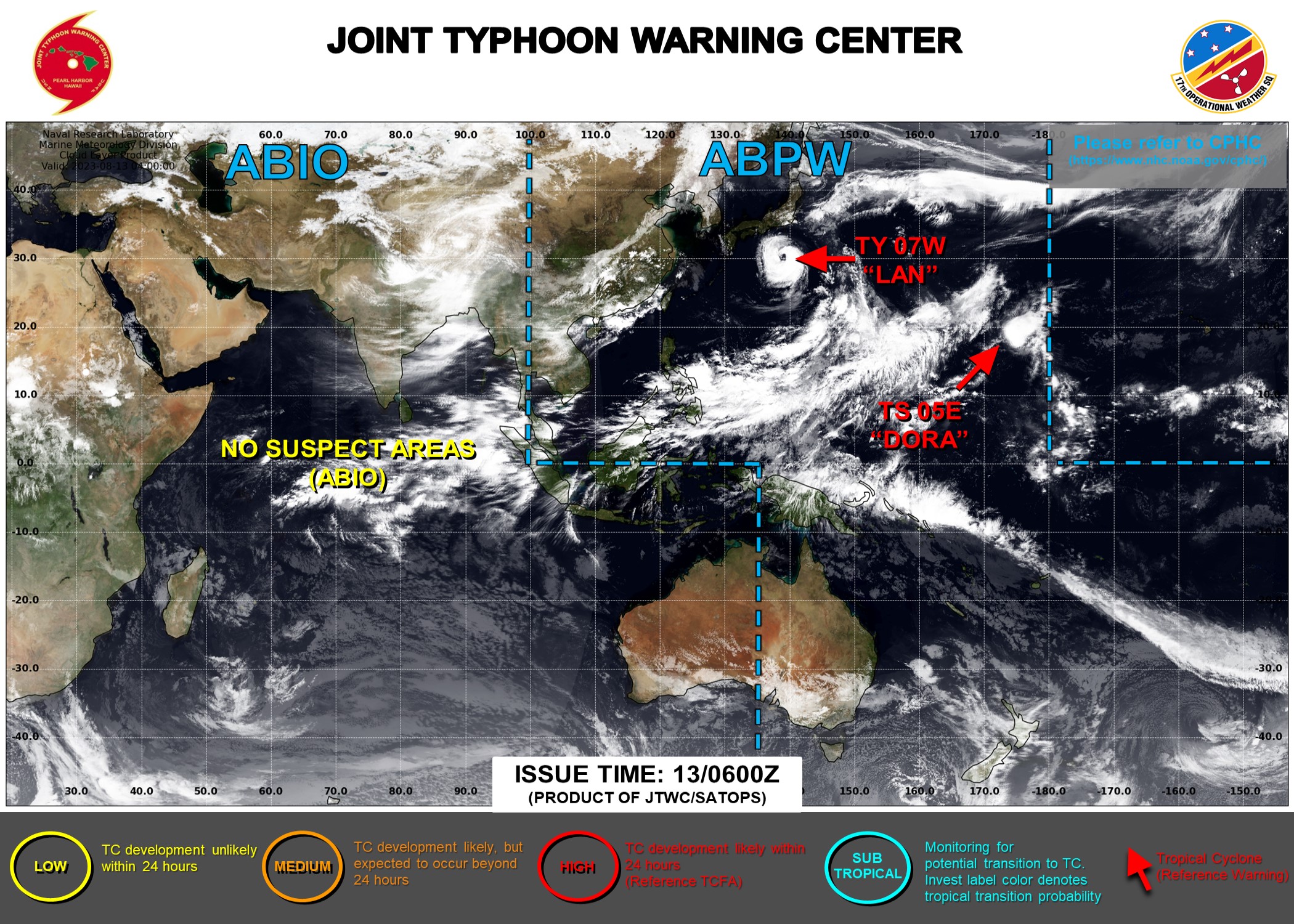 JTWC IS ISSUING 6HOURLY WARNINGS AND 3HOURLY SATELLITE BULLETINS ON 07W(LAN) AND ON 05E(DORA).