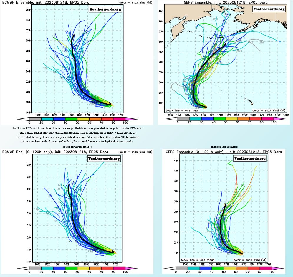 MODEL DISCUSSION: THE JTWC FORECAST TRACK IS A BIT EAST OF THE MULTI-MODEL CONSENSUS, LEANING TOWARDS THE GFS AND GFS ENSEMBLE DUE TO THEIR BETTER REPRESENTATION OF DORA'S INTENSITY. THE JTWC INTENSITY FORECAST IS CLOSE TO THE MEAN OF THE GFS, HAFS, AND COAMPS-TC SOLUTIONS.