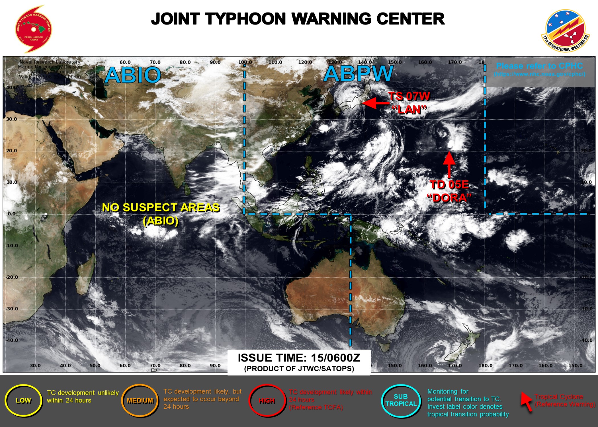 JTWC IS ISSUING 6HOURLY WARNINGS AND 3HOURLY SATELLITE BULLETINS ON 07W(LAN) ON 05E(DORA) AND ON 08E(GREG).