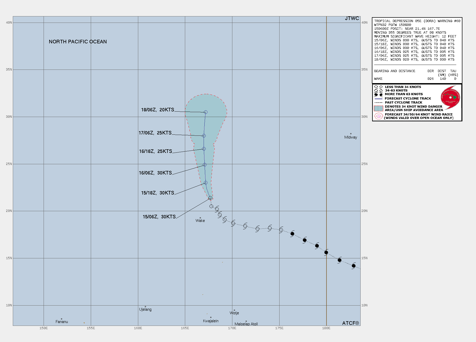 FORECAST REASONING.  SIGNIFICANT FORECAST CHANGES: THERE ARE NO SIGNIFICANT CHANGES TO THE FORECAST FROM THE PREVIOUS WARNING.  FORECAST DISCUSSION: TD 05E (DORA) IS FORECAST TO TRACK GENERALLY POLEWARD UNDER THE STEERING INFLUENCE OF THE LOW TO MID-LEVEL SUBTROPICAL RIDGE (STR) TO THE NORTHEAST. THE PRIMARY DETERRENT TO ANY SIGNIFICANT INTENSIFICATION IS A TROPICAL UPPER-TROPOSPHERIC TROUGH (TUTT) CELL LOCATED ON THE NORTHWESTERN PERIPHERY OF THE SYSTEM. AS 05E TRACKS POLEWARD, THE SUBSIDENCE FROM THE TUTT COMBINED WITH MODERATE ENVIRONMENTAL SHEAR VALUES WILL CONTINUE TO EAT AWAY AT THE WESTERN PERIPHERY OF THE CIRCULATION. AT THE SAME TIME, THE EASTERN PORTION OF THE CIRCULATION IS THRIVING IN THE ENHANCED OUTFLOW AND LOWER SHEAR PROVIDED BY THE SAME TUTT CELL. THIS IS CREATING A UNIQUE SITUATION WHEREIN THE TWO SIDES OF THE CIRCULATION WILL BE HOLDING EACH OTHER IN NEAR STEADY STATE AS THE WHOLE CIRCULATION PROPAGATES POLEWARD. BY TAU 36, THE CIRCULATION WILL CONTINUE TO SUCCUMB TO THE PERSISTENT SHEAR AND SUBSIDENCE ALOFT, GRADUALLY SPINNING DOWN AND EVENTUALLY DISSIPATING BY TAU 72.