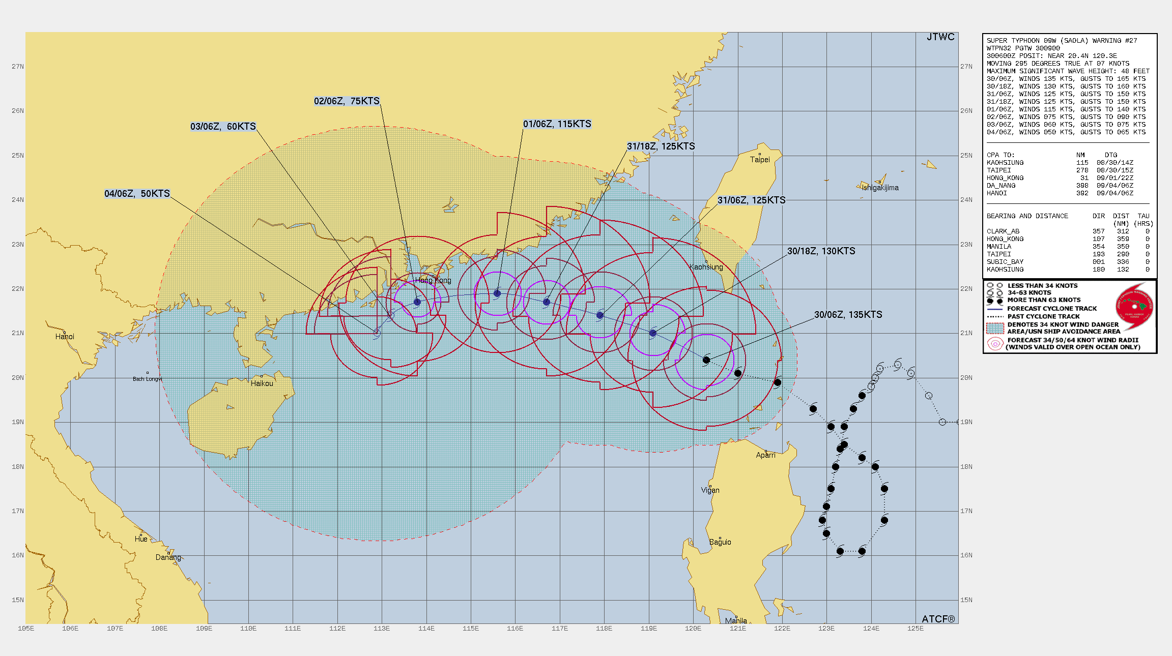 FORECAST REASONING.  SIGNIFICANT FORECAST CHANGES: THERE ARE NO SIGNIFICANT CHANGES TO THE FORECAST FROM THE PREVIOUS WARNING.  FORECAST DISCUSSION: STY 09W WILL CONTINUE TRACKING WEST-NORTHWEST THROUGH TAU 48 UNDER THE INFLUENCE OF THE STR TO THE NORTHEAST. A COMBINATION OF FACTORS, INCLUDING THE TRACK OF TROPICAL STORM 10W SOUTH OF OKINAWA AND THE PASSAGE OF A STRONG MID-LATITUDE TROUGH TO THE NORTH, WILL ERODE THE STEERING RIDGE, LOOSEN THE STEERING GRADIENT AND LEAD TO A SLOW-DOWN IN THE TRACK SPEED AFTER TAU 24. IN THE LEE OF THE TROUGH PASSING BY TO THE NORTH, AND TRANSIENT DEEP-LAYER ANTICYCLONE WILL BUILD IN TO THE WEST OF SHANGHAI, AND PUSH STY 09W ONTO A MORE WESTWARD TRACK THROUGH TAU 72. THE SYSTEM IS EXPECTED TO PASS VERY CLOSE TO HONG KONG BUT REMAIN OFFSHORE THROUGH THE FORECAST PERIOD. AFTER TAU 72, THE TRANSIENT ANTICYCLONE IS ABSORBED INTO THE LARGER STR TO THE NORTHEAST AND THE STEERING FLOW QUICKLY WEAKENS, LEAVING STY 09W WITHOUT MUCH STEERING INFLUENCE, AND THE SYSTEM WILL BECOME QUASI-STATIONARY BY THE END OF THE FORECAST. IN TERMS OF INTENSITY, WITH CLEAR EVIDENCE EMERGING OF A SECONDARY EYEWALL, THE ONSET OF AN EYEWALL REPLACEMENT CYCLE (EWRC) IS IMMINENT IF NOT ALREADY OCCURRING. THUS, THE SYSTEM IS EXPECTED TO SLOWLY WEAKEN THROUGH THE NEXT 24 HOURS. THE EXACT AMOUNT OF WEAKENING AND HOW LONG IT MAY TAKE FOR THE EWRC TO COMPLETE ARE UNKNOWN BUT CURRENTLY EXPECTED TO WRAP UP BY AROUND TAU 24. THE SYSTEM WILL BY THEN BE TAPPING INTO THE DIFFLUENT EASTERN SIDE OF THE DEEP TROUGH MOVING BY TO THE NORTH, ALLOWING FOR A SHARP INCREASE IN POLEWARD OUTFLOW. THIS SHOULD ALLOW THE SYSTEM TO MAINTAIN INTENSITY OR EVEN INTENSIFY SLIGHTLY UP THROUGH TAU 36. THEREAFTER AS THE SYSTEM APPROACHES THE COAST OF SOUTHEAST CHINA, SOUTHERLY SHEAR WILL RAPIDLY INCREASE. COMBINED WITH A REDUCTION IN SSTS, INGESTION OF DRY CONTINENTAL AIR INTO THE CORE AND DISRUPTION OF THE LOW-LEVEL INFLOW AS IT TRACKS SOUTH OF HONG KONG, THE SYSTEM WILL RAPIDLY WEAKEN TO JUST 50 KNOTS BY THE END OF THE FORECAST PERIOD.