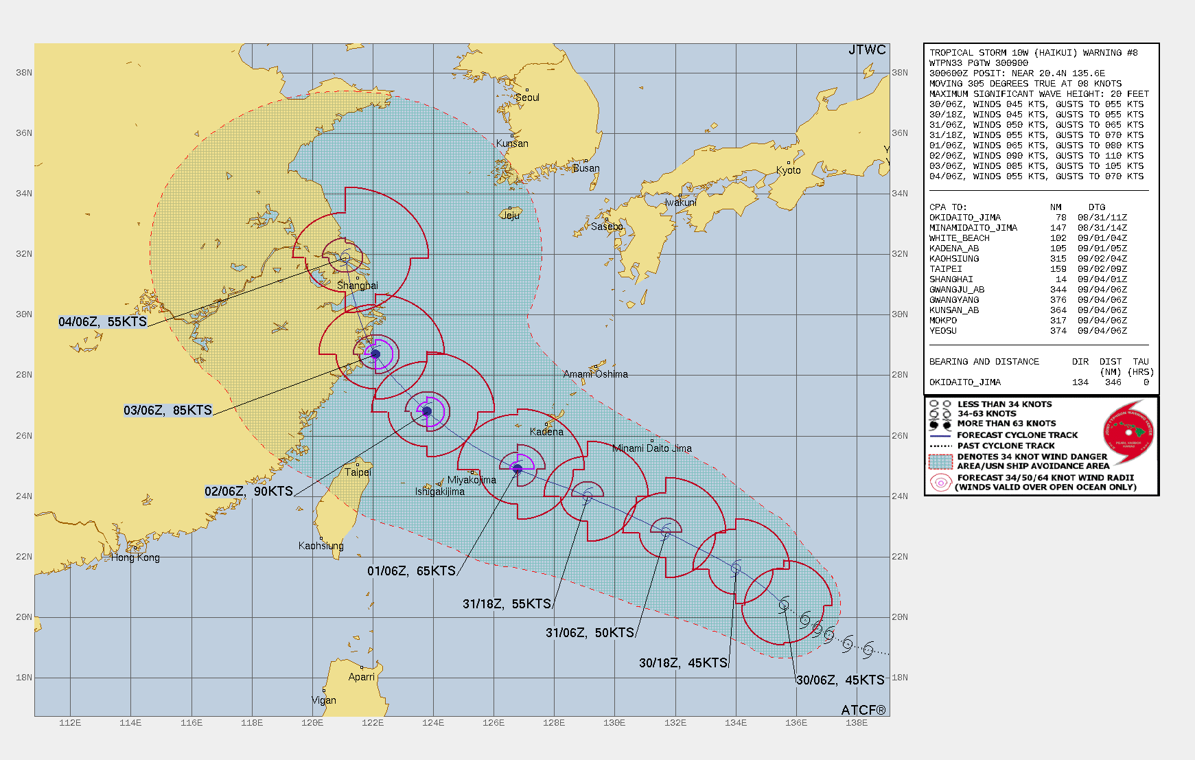 FORECAST REASONING.  SIGNIFICANT FORECAST CHANGES: THERE ARE NO SIGNIFICANT CHANGES TO THE FORECAST FROM THE PREVIOUS WARNING.  FORECAST DISCUSSION: TROPICAL STORM (TS) 10W (HAIKUI) IS FORECAST TO CONTINUE TRACKING WEST-NORTHWEST ALONG THE SOUTHWEST SIDE OF THE STEERING RIDGE THROUGH THE BULK OF THE FORECAST PERIOD. GLOBAL MODEL FIELDS HAVE COME INTO MUCH BETTER AGREEMENT ON THE EVOLUTION OF THE UPPER-LEVEL PATTERN OVER THE LAST COUPLE OF RUNS, PROVIDING INCREASED CONFIDENCE IN THE TRACK GUIDANCE. OVER THE COURSE OF THE FIRST 72 HOURS OF THE FORECAST, THE SUBTROPICAL RIDGE (STR) TO THE NORTHEAST IS EXPECTED TO EXTEND SOUTHWESTWARD, WITH A SHARP RIDGE AXIS DEVELOPING ALONG A LINE EXTENDING FROM WEST OF SHANGHAI TO TOKYO. THIS WILL SERVE TO KEEP THE TRACK OF 10W ON A MORE DEPRESSED TRAJECTORY, PASSING SOUTH OF OKINAWA AROUND TAU 48 AND MOVING INTO THE EAST CHINA SEA. AFTER TAU 72, THE MODELS DO BEGIN TO DIVERGE ON HOW THEY HANDLE A SHARP MID-LATITUDE TROUGH MOVING EAST OUT OF MONGOLIA; HOW DEEP WILL IT BE AND HOW FAST WILL IT ERODE THE RIDGE. THE GFS AND NAVGEM MODELS SHOW A WEAKER TROUGH, WHICH DOES NOT BREAK DOWN THE RIDGE AS MUCH, FORCING THE SYSTEM ONTO A FLATTER TRACK, MAKING LANDFALL IN THE VICINITY OF WENZHOU, CHINA BY TAU 96. THE ECMWF ON THE OTHER HAND, AND THE GFS ENSEMBLE INTERESTINGLY ENOUGH, SHOW A STRONGER TROUGH WHICH ERODES THE RIDGE ALLOWING THE SYSTEM TO RECURVE NORTH TOWARDS SHANGHAI BY TAU 120. CURRENT ASSESSMENT OF THE GLOBAL MODEL FIELDS SUGGESTS THE ECMWF SOLUTION MAY BE THE BETTER OPTION, AT LEAST FOR THE MOMENT IF FOR NO OTHER REASON THAN ITS CONSISTENCY OVER THE PAST 48 HOURS WHEREAS THE GFS HAS BEEN EXHIBITING GIGANTIC SWINGS FROM RUN TO RUN. THE JTWC FORECAST TAKES THE SYSTEM INLAND SOUTH OF SHANGHAI AROUND TAU 96 THEN TRACKS NORTHWARD ACROSS EASTERN CHINA THROUGH TAU 120. IN TERMS OF INTENSITY, THE SYSTEM WILL CONTINUE TO STRUGGLE FOR THE NEXT 48 HOURS AS IT CONTINUES TO BE CONSTRAINED BY VORTEX TILT AND MODERATE SHEAR. BY AROUND TAU 48, THE SHEAR IS EXPECTED TO BACK OFF SIGNIFICANTLY, WHICH SHOULD ALLOW THE VORTEX TO SYMMETRIZE AND START A PERIOD OF RAPID INTENSIFICATION AS THE SYSTEM PASSES SOUTH OF OKINAWA AND INTO THE EAST CHINA SEA. LAND INTERACTION WILL LEAD TO RAPID WEAKENING AFTER LANDFALL. FORECAST REASONING.  SIGNIFICANT FORECAST CHANGES: THERE ARE NO SIGNIFICANT CHANGES TO THE FORECAST FROM THE PREVIOUS WARNING.  FORECAST DISCUSSION: TROPICAL STORM (TS) 10W (HAIKUI) IS FORECAST TO CONTINUE TRACKING WEST-NORTHWEST ALONG THE SOUTHWEST SIDE OF THE STEERING RIDGE THROUGH THE BULK OF THE FORECAST PERIOD. GLOBAL MODEL FIELDS HAVE COME INTO MUCH BETTER AGREEMENT ON THE EVOLUTION OF THE UPPER-LEVEL PATTERN OVER THE LAST COUPLE OF RUNS, PROVIDING INCREASED CONFIDENCE IN THE TRACK GUIDANCE. OVER THE COURSE OF THE FIRST 72 HOURS OF THE FORECAST, THE SUBTROPICAL RIDGE (STR) TO THE NORTHEAST IS EXPECTED TO EXTEND SOUTHWESTWARD, WITH A SHARP RIDGE AXIS DEVELOPING ALONG A LINE EXTENDING FROM WEST OF SHANGHAI TO TOKYO. THIS WILL SERVE TO KEEP THE TRACK OF 10W ON A MORE DEPRESSED TRAJECTORY, PASSING SOUTH OF OKINAWA AROUND TAU 48 AND MOVING INTO THE EAST CHINA SEA. AFTER TAU 72, THE MODELS DO BEGIN TO DIVERGE ON HOW THEY HANDLE A SHARP MID-LATITUDE TROUGH MOVING EAST OUT OF MONGOLIA; HOW DEEP WILL IT BE AND HOW FAST WILL IT ERODE THE RIDGE. THE GFS AND NAVGEM MODELS SHOW A WEAKER TROUGH, WHICH DOES NOT BREAK DOWN THE RIDGE AS MUCH, FORCING THE SYSTEM ONTO A FLATTER TRACK, MAKING LANDFALL IN THE VICINITY OF WENZHOU, CHINA BY TAU 96. THE ECMWF ON THE OTHER HAND, AND THE GFS ENSEMBLE INTERESTINGLY ENOUGH, SHOW A STRONGER TROUGH WHICH ERODES THE RIDGE ALLOWING THE SYSTEM TO RECURVE NORTH TOWARDS SHANGHAI BY TAU 120. CURRENT ASSESSMENT OF THE GLOBAL MODEL FIELDS SUGGESTS THE ECMWF SOLUTION MAY BE THE BETTER OPTION, AT LEAST FOR THE MOMENT IF FOR NO OTHER REASON THAN ITS CONSISTENCY OVER THE PAST 48 HOURS WHEREAS THE GFS HAS BEEN EXHIBITING GIGANTIC SWINGS FROM RUN TO RUN. THE JTWC FORECAST TAKES THE SYSTEM INLAND SOUTH OF SHANGHAI AROUND TAU 96 THEN TRACKS NORTHWARD ACROSS EASTERN CHINA THROUGH TAU 120. IN TERMS OF INTENSITY, THE SYSTEM WILL CONTINUE TO STRUGGLE FOR THE NEXT 48 HOURS AS IT CONTINUES TO BE CONSTRAINED BY VORTEX TILT AND MODERATE SHEAR. BY AROUND TAU 48, THE SHEAR IS EXPECTED TO BACK OFF SIGNIFICANTLY, WHICH SHOULD ALLOW THE VORTEX TO SYMMETRIZE AND START A PERIOD OF RAPID INTENSIFICATION AS THE SYSTEM PASSES SOUTH OF OKINAWA AND INTO THE EAST CHINA SEA. LAND INTERACTION WILL LEAD TO RAPID WEAKENING AFTER LANDFALL.