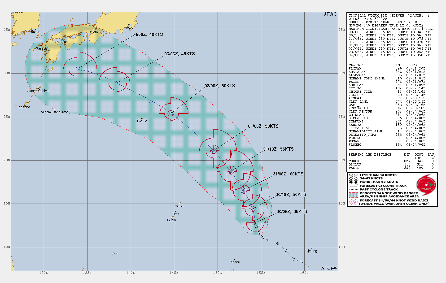 FORECAST REASONING.  SIGNIFICANT FORECAST CHANGES: THERE ARE NO SIGNIFICANT CHANGES TO THE FORECAST FROM THE PREVIOUS WARNING.  FORECAST DISCUSSION: TROPICAL STORM 11W IS FORECAST TO TRACK NORTHWARD  ALONG THE WESTERN PERIPHERY OF THE SUBTROPICAL RIDGE (STR) POSITIONED  TO THE NORTHEAST THROUGH TAU 12. THE STR IS EXPECTED TO STRENGTHEN TO THE NORTHEAST AND EXTEND TO THE WEST, WHICH WILL TURN THE SYSTEM NORTHWESTWARD, INITIALLY, THEN WEST-NORTHWESTWARD THROUGH TAU 120. IN TERMS OF INTENSITY, 11W IS EXPECTED TO STEADLY INTENSIFY THROUGH TAU 24, AS A UPPER-LEVEL LOW TO THE NORTH SHIFTS WESTWARD WHICH WILL PROVIDE ENHANCED POLEWARD OUTFLOW. HOWEVER, AFTER TAU 36, OUTFLOW BECOMES LESS FAVORABLE WHILE VERTICAL WIND SHEAR (VWS), AND DRY AIR ENTRAINMENT INCREASE RESULTING IN A GRADUAL WEAKENING TREND.