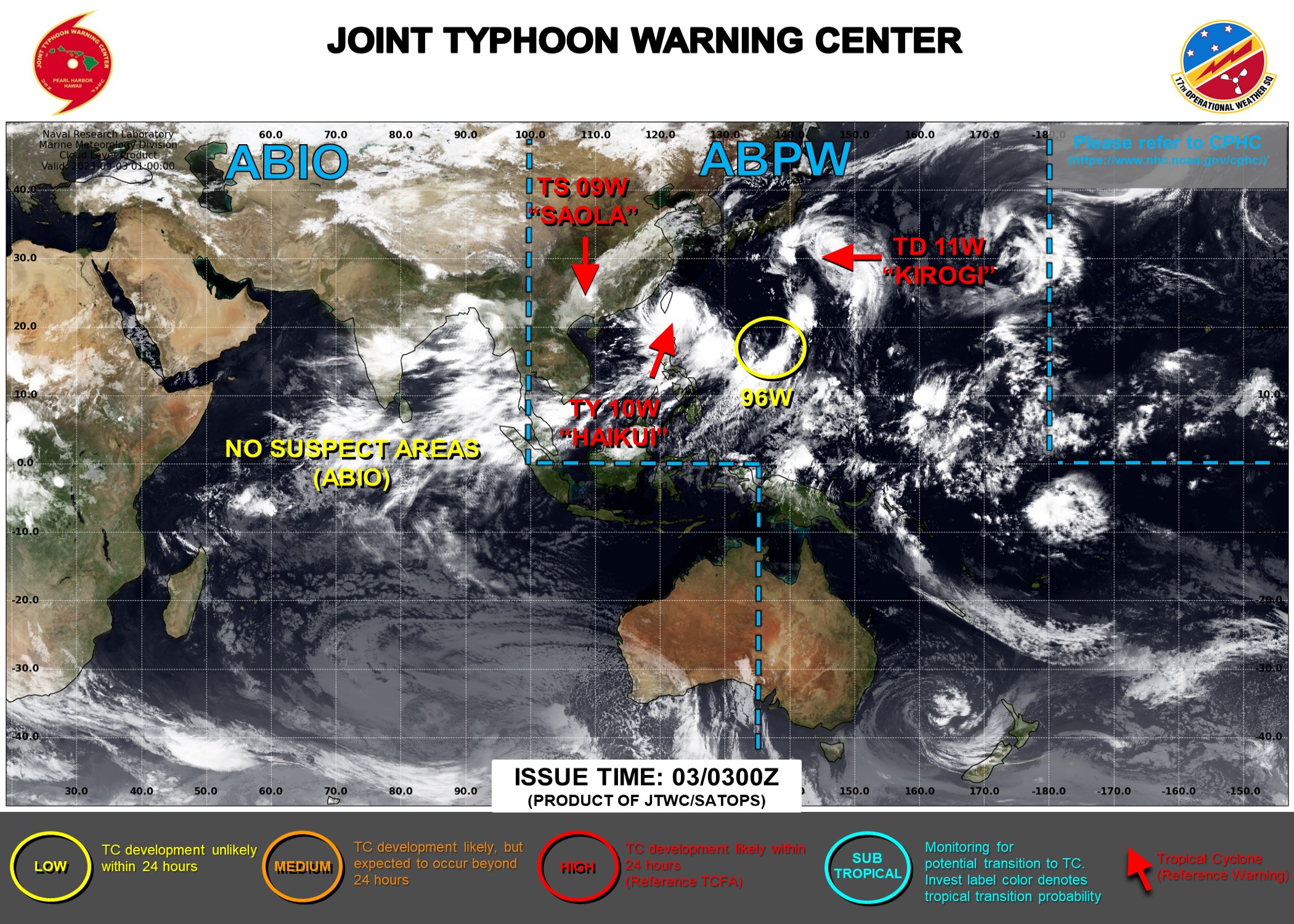 JTWC IS ISSUING 6HOURLY WARNINGS ON 09W(SAOLA)AND 10W(HAIKUI). FINAL WARNING ON 11W(KIROGI) WAS ISSUED AT 03/03UTC.  3HOURLY SATELLITE BULLETINS ARE ISSUED ON 09W,10W AND 11W.