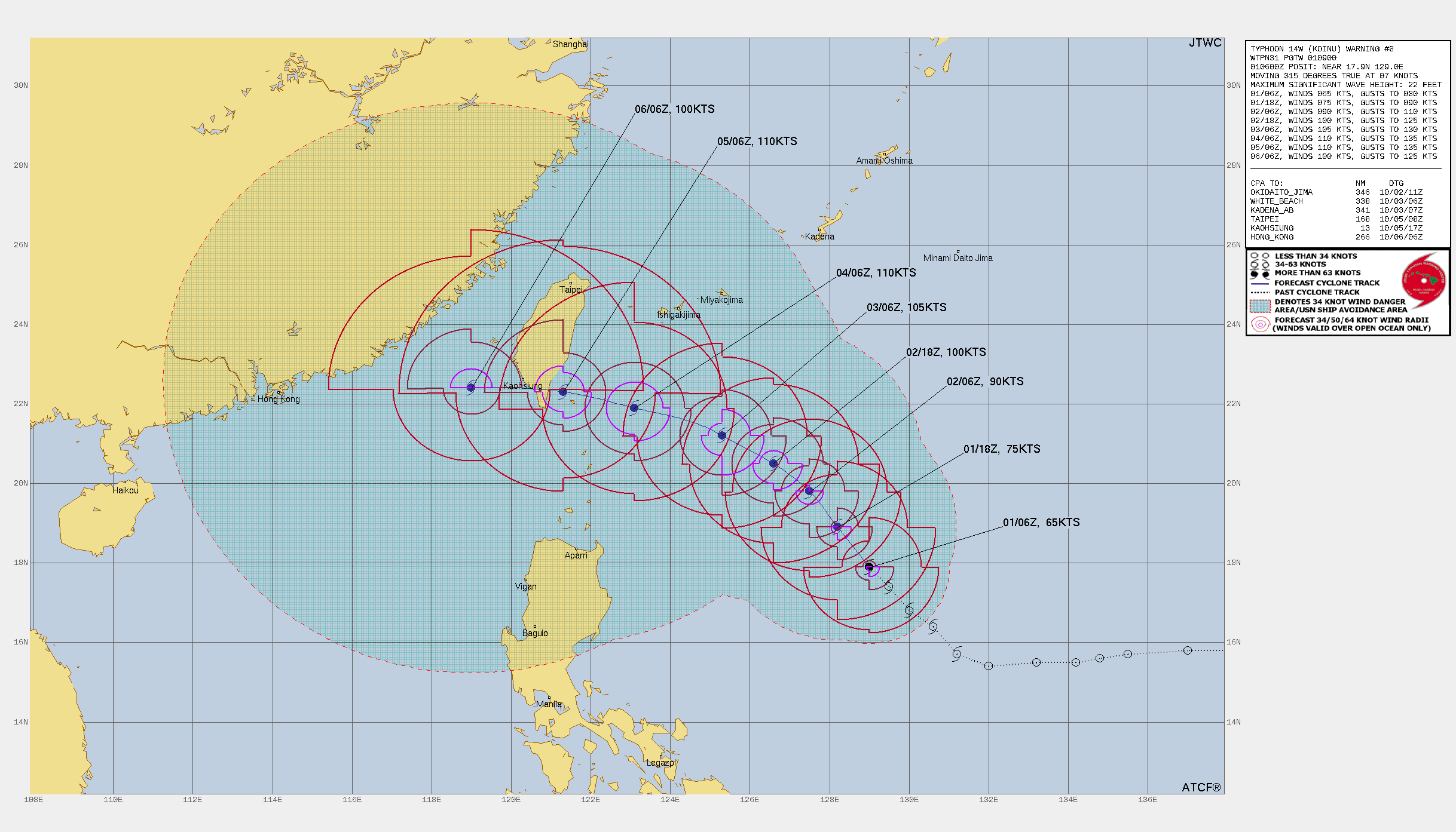 FORECAST REASONING.  SIGNIFICANT FORECAST CHANGES: THERE ARE NO SIGNIFICANT CHANGES TO THE FORECAST FROM THE PREVIOUS WARNING.  FORECAST DISCUSSION: HAVING RECENTLY ACHIEVED TYPHOON STRENGTH, TY 14W (KOINU) IS FORECAST TO CONTINUE TRACKING NORTHWESTWARD UNDER THE STEERING INFLUENCE OF THE STR TO THE NORTHEAST. BY TAU 24, THIS STR BEGINS TO BUILD BACK UP AND MIGRATE WESTWARD, RESULTING IN A GRADUAL WESTWARD ARC TOWARD THE SOUTHERN TIP OF TAIWAN. IN TERMS OF INTENSITY, 14W WILL RAPIDLY SURGE TO 100KTS BY TAU 36, FUELED BY WARM SSTS (30C), LOW VERTICAL WIND SHEAR AND IMPROVING OUTFLOW ALOFT. BY TAU 72, 14W IS FORECAST TO REACH ITS PEAK INTENSITY OF 110KTS AND POSSIBLY HIGHER BEFORE VWS INCREASES AND FAVORABLE OUTFLOW IS LOST. THE SYSTEM IS FORECAST TO MAKE LANDFALL OVER SOUTHERN TAIWAN NEAR 110KTS AND PROCEED WESTWARD GRADUALLY WEAKENING THROUGH THE FORECAST PERIOD. IT IS IMPORTANT TO NOTE THAT IF THE STR TO THE NORTHEAST BUILDS UP MORE RAPIDLY OR EXTENDS POLEWARD OF 14W AS ECMWF AND COAMPS-TC INDICATE. THIS WOULD CAUSE A MORE DRAMATIC WESTWARD COURSE, KEEPING THE SYSTEM OVER OPEN WATERS AND MORE IMPORTANTLY AWAY FROM THE TAIWANESE MOUNTAIN RANGE, ALL OF WHICH COULD ALLOW FOR ADDITIONAL INTENSIFICATION THROUGH THE FORECAST PERIOD.