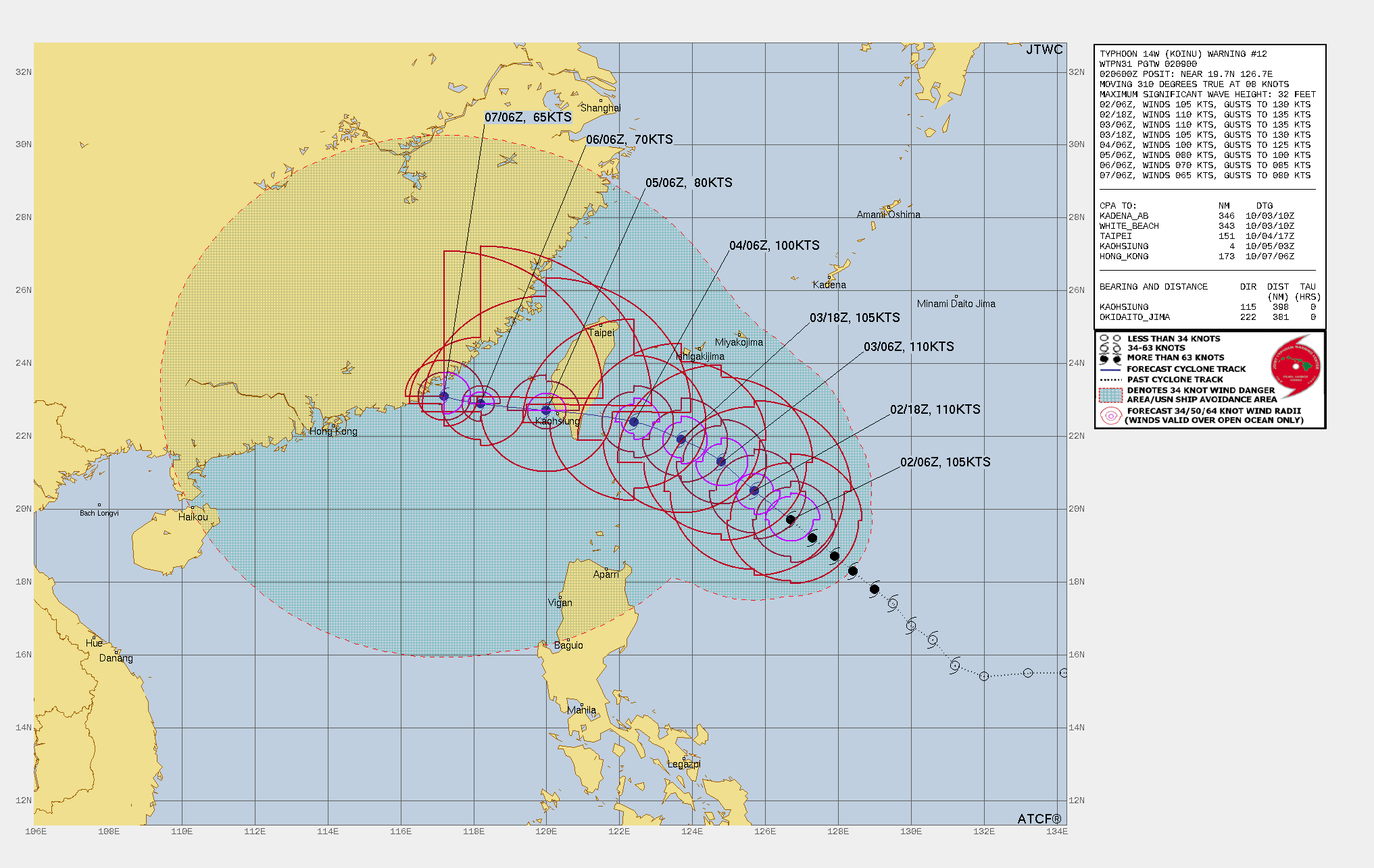 FORECAST REASONING.  SIGNIFICANT FORECAST CHANGES: THERE ARE NO SIGNIFICANT CHANGES TO THE FORECAST FROM THE PREVIOUS WARNING.  FORECAST DISCUSSION: TYPHOON 14W (KOINU) IS FORECAST TO CONTINUE ON A GENERALLY NORTHWESTWARD TRACK UNDER THE STEERING INFLUENCE OF THE DEEP-LAYER SUBTROPICAL RIDGE (STR) CENTERED TO THE EAST. AS EVIDENCED BY THE ASYMMETRIC APPEARANCE IN MSI AND MICROWAVE IMAGERY, 14W IS EXPERIENCING INCREASED MID-LEVEL VERTICAL WIND SHEAR AND DRY AIR ENTRAINMENT. OVER THE NEXT 12 HOURS, THESE NEGATIVE FACTORS ARE GENERALLY NEGATED BY FAVORABLE OUTFLOW ALOFT WHICH IS FORECAST TO ALLOW FOR ADDITIONAL INTENSIFICATION. BY TAU 24 HOWEVER, AFTER REACHING A PEAK INTENSITY NEAR 110KTS, FAVORABLE EQUATORWARD OUTFLOW IS LOST WHICH WHEN COUPLED WITH INCREASING MID-LEVEL VWS AND DRY AIR ENTRAINMENT, THE SYSTEM WILL BEGIN TO GRADUALLY WEAKEN. AS THE STR TO THE EAST BUILDS WESTWARD, 14W WILL BE FORCED TOWARDS THE SOUTHERN TIP OF TAIWAN AS IT CONTINUES TO SLOWLY WEAKEN. AFTER MAKING LANDFALL NEAR TAU 60, THE MOUNTAINOUS EASTERN COAST OF TAIWAN WILL QUICKLY WEAKEN 14W TO 80KTS BY TAU 72. IN THE EXTENDED TRACK, 14W IS FORECAST TO SLOWLY TRANSIT THE TAIWAN STRAIT AS MORE COOL DRY AIR STEAMS INTO THE SYSTEM FROM THE NORTH, RESULTING IN CONTINUED WEAKENING THROUGH TAU 120 AS THE SYSTEM APPROACHES MAINLAND CHINA.