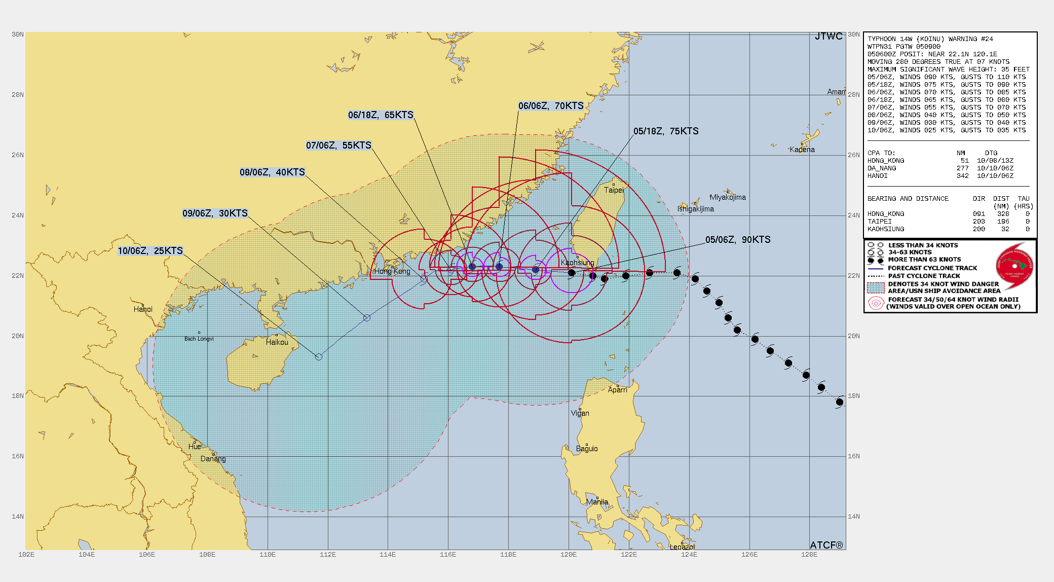 FORECAST REASONING.  SIGNIFICANT FORECAST CHANGES: THERE ARE NO SIGNIFICANT CHANGES TO THE FORECAST FROM THE PREVIOUS WARNING.  FORECAST DISCUSSION: TYPHOON 14W IS FORECAST TO CONTINUE ON A WESTWARD TRACK THROUGH TAU 48, THE SYSTEM WILL SLOW DOWN AS IT APPROACHES THE COAST OF CHINA, AS A STR OVER EAST-CENTRAL CHINA BECOMES THE DOMINATE STEERING FEATURE. THE SYSTEM WILL THEN TURN TO A MORE SOUTHWESTWARD TRACK THROUGH TAU 120. IN TERMS OF INTENSITY, THE SYSTEM WILL MOVE INTO AN AREA OF VERY WEAK UPPER-LEVEL OUTFLOW, COOLER SSTS, AS DRY AIR ENTRAINMENT IS ANTICIPATED TO INCREASE THROUGH TAU 72. THE LESS FAVORABLE ENVIRONMENTAL FACTORS, ALONG WITH POTENTIAL LAND INTERACTION OF THE OUTERMOST WIND FIELD, WILL ALSO CONTRIBUTE TO THE SYSTEMS DECAY BY TAU 96 THROUGH TAU 120.