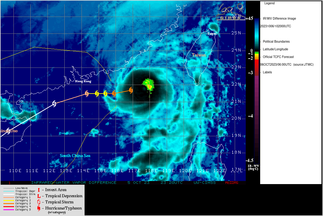 SATELLITE ANALYSIS, INITIAL POSITION AND INTENSITY DISCUSSION: ANIMATED MULTISPECTRAL SATELLITE IMAGERY (MSI) DEPICTS TYPHOON (TY) 14W RAPIDLY INTENSIFYING, TIGHTENING IN HORIZONTAL STRUCTURE AND EXPOSING A CLEAR, VERY SYMMETRIC EYE OF 10NM DIAMETER. THE HIGHLY FAVORABLE ENVIRONMENT WAS REALIZED BY TY 14W, WHICH TOOK FULL ADVANTAGE OF THE WARM SEA SURFACE TEMPERATURES (29-30 DEGREES CELSIUS) AND LOW VERTICAL WIND SHEAR (5-10KTS). A 060600Z HIMAWARI-9  ENHANCED INFRARED IMAGE SHOWED THE COOLEST CLOUD TOPS TO BE VERY  SYMMETRICALLY AND TIGHTLY DISPLACED JUST 30NM OUTWARD FROM THE CENTER  OF THE EYE. THE COMPACT NATURE OF THE SYSTEM CERTAINLY AIDED IN THE  RAPID INTENSIFICATION PROCESS. OVERSHOOTING CLOUD TOPS PERSIST, SUGGESTING INTENSIFICATION IS ONGOING. THE INITIAL POSITION IS PLACED WITH HIGH CONFIDENCE BASED ON A 060600Z HIMAWARI-9 CIRA- PROXYVIS IMAGE SHOWING AN UNOBSCURED EYE. THE INITIAL INTENSITY OF 100  KTS IS ASSESSED WITH MEDIUM CONFIDENCE BASED ON UNIFORM SUBJECTIVE  DVORAK INTENSITY ESTIMATES AND OBJECTIVE INTENSITY ESTIMATES LISTED  BELOW.