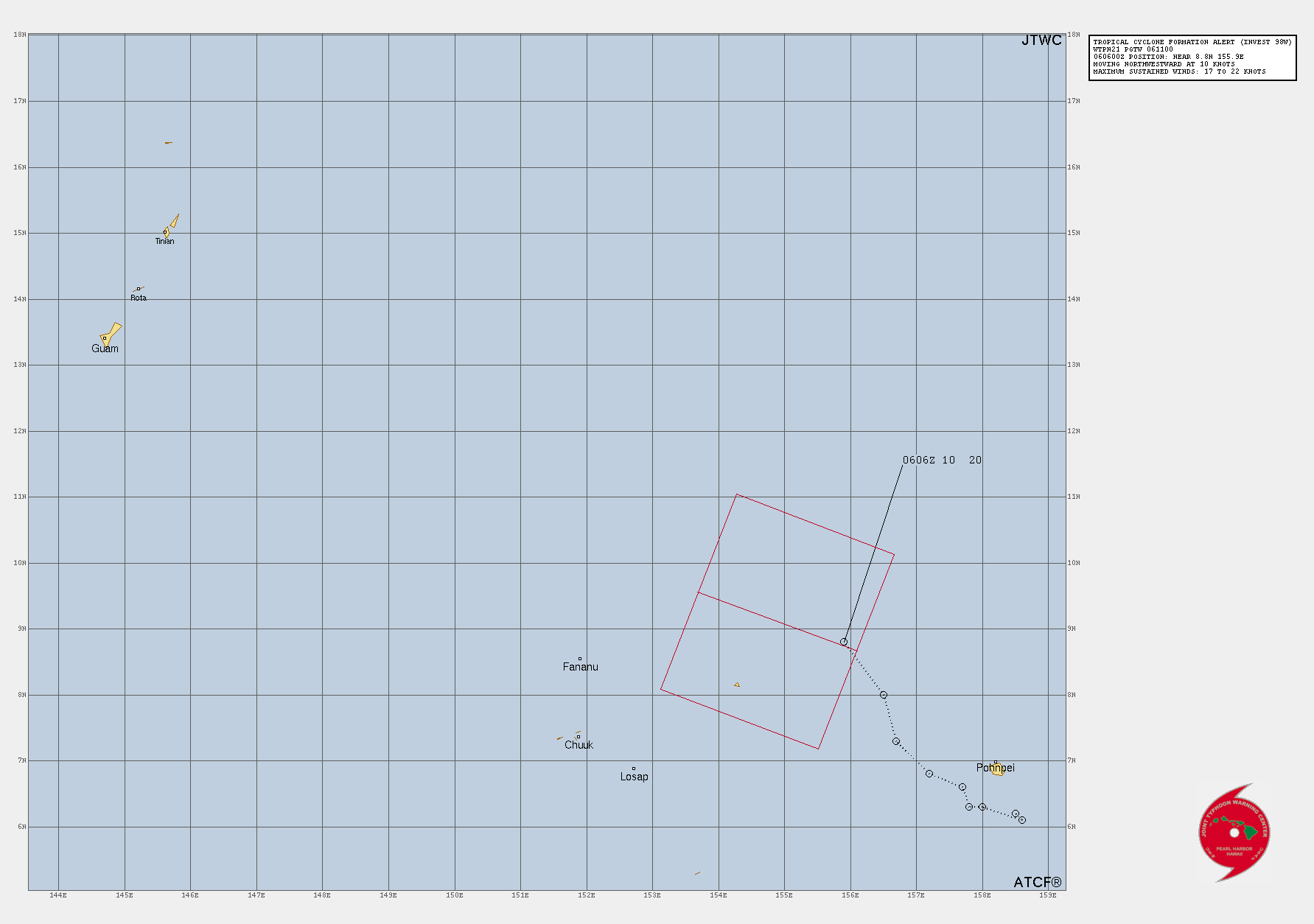 THE AREA OF CONVECTION (INVEST 98W) PREVIOUSLY LOCATED NEAR  8.0N 156.0E IS NOW LOCATED NEAR 8.8N 155.9E, APPROXIMATELY 715 NM  EAST- SOUTHEAST OF GUAM. ANIMATED MULTISPECTRAL IMAGERY AND A PARTIAL  060739Z SSMIS 91GHZ MICROWAVE IMAGE DEPICT AN AREA OF DEEP CONVECTION  DISPLACED TO THE NORTHWEST OF A MOSTLY OBSCURED LOW LEVEL CIRCULATION  CENTER (LLCC). FORMATIVE SPIRAL BANDS OF DEP CONVECTION ARE OBSERVED  WRAPPING INTO THE NORTHWEST QUADRANT OF THE SYSTEM. ENVIRONMENTAL  ANALYSIS REVEALS THAT 98W IS IN A FAVORABLE ENVIRONMENT FOR  INTENSIFICATION DUE TO WARM (30C) SST, GOOD DUAL-CHANNEL OUTFLOW, AND  LOW (5-10 KTS) VERTICAL WIND SHEAR (VWS). GLOBAL MODELS ARE IN GOOD  AGREEMENT THAT THE VORTEX WILL CONTINUE TO CONSOLIDATE OVER THE NEXT  12-24 HOURS WHILE IT TRACKS GENERALLY WEST-NORTHWESTWARD. MAXIMUM  SUSTAINED SURFACE WINDS ARE ESTIMATED AT 17 TO 22 KNOTS. MINIMUM SEA  LEVEL PRESSURE IS ESTIMATED TO BE NEAR 1006 MB. THE POTENTIAL FOR THE  DEVELOPMENT OF A SIGNIFICANT TROPICAL CYCLONE WITHIN THE NEXT 24 HOURS  IS HIGH.