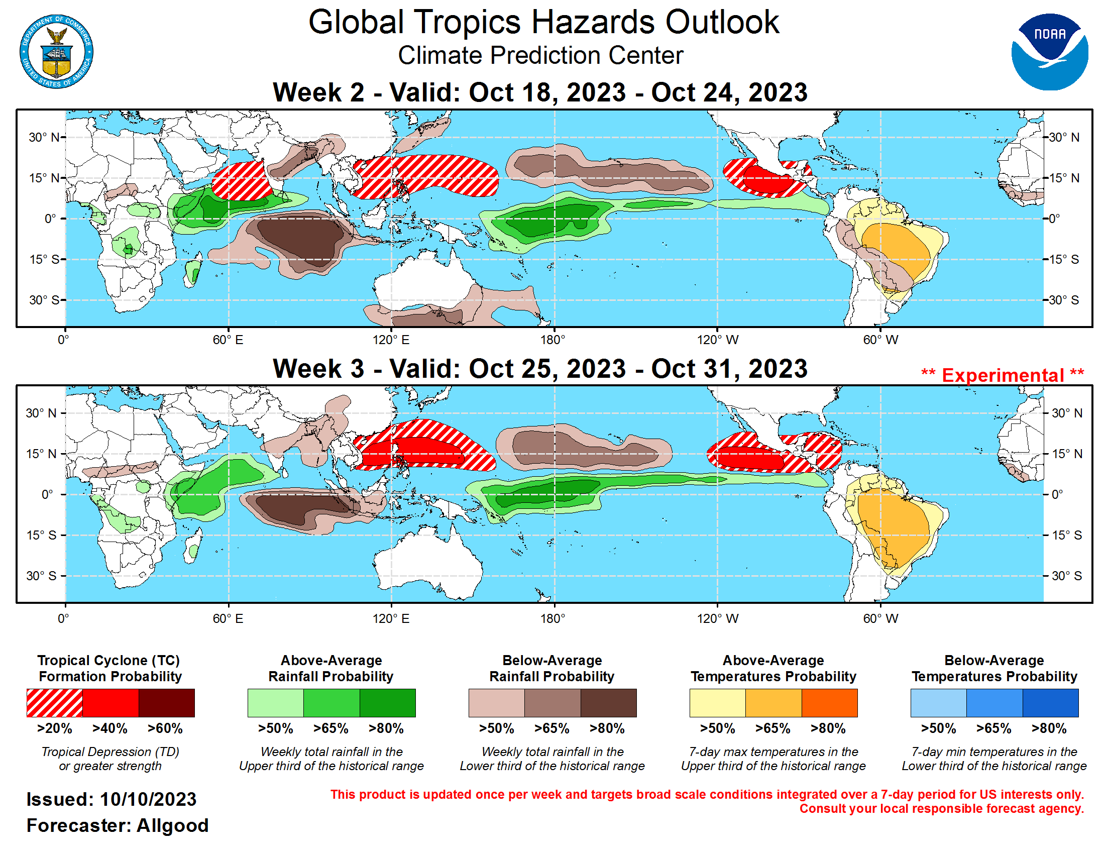 GTH Outlook Discussion Last Updated - 10/10/23 Valid - 10/18/23 - 10/31/23 The Madden-Julian Oscillation (MJO) remains active, with the CPC upper-level velocity potential index depicting a strong event with a phase speed on the high end of the canonical envelope. The RMM-based MJO index has also reflected higher amplitudes over the past several days, and currently places the enhanced phase of the MJO over the Western Hemisphere. The atmospheric response to ongoing El Nino conditions is also playing a substantial role in the global tropical convective pattern, with enhanced convection persisting near and west of the Date Line and a well established subtropical jet stream over the Northeast Pacific extending across the southern tier of the CONUS. Recently, a strong westerly wind burst centered over the Equator was observed over the far West Pacific, associated with a broad monsoonal trough with embedded tropical cyclone activity. This event should promote renewed downwelling oceanic Kelvin wave activity, which would further reinforce or strengthen the ENSO response over the coming weeks to months.  The forecast evolution of the intraseasonal signal is highly uncertain. As the MJO continues propagating eastward, its signal will increasingly interfere destructively with the ENSO base state. Additionally, a strongly positive Indian Ocean Dipole (IOD) event is underway, with above (below)-normal SSTs over the western (eastern) Indian Ocean providing a second stationary signal to interfere with the progression of the MJO. Dynamical model forecasts from the ECMWF show the IOD event growing increasingly dominant, with the suppressed convective signal over the eastern Indian Ocean becoming the highest amplitude signal in the global tropics OLR anomaly field. Therefore, this outlook is based on an anticipated weakening of the MJO over the next several weeks, with the positive IOD and El Nino signals serving as the main drivers of the global tropical convective pattern. The resulting Global Tropics Hazards (GTH) Outlook therefore reflects a broadly stationary signal during Weeks 2 and 3.  Hurricane Lidia, which formed just prior to the issuance of last week’s GTH outlook, turned east-northeastward while intensifying and is currently forecast to make landfall over the west-central coastline of Mexico, bringing significant wind, rain, and storm surge impacts. Tropical Storm Max formed just off the coast of southern Mexico on October 9, quickly making landfall and dissipating. Over the West Pacific, Typhoon Bolaven is currently passing just north of Guam, and is forecast to continue intensifying before recurving over the northern Pacific, eventually becoming a potent extratropical storm and likely influencing the midlatitude pattern over North America. Over the next week, the Atlantic main development region (MDR) is anticipated to remain unusually active for mid-October, with the National Hurricane Center (NHC) depicting a high probability for new tropical cyclone development. Dynamical model forecasts have shown the basin becoming increasingly quiet during Week-2, though additional development cannot be ruled out given the abnormally warm SSTs in the region. The East Pacific is favored to remain active during Weeks 2 and 3, while increasing Central American Gyre activity may also increasingly favor genesis over the western Caribbean or southern Gulf of Mexico by Week-3. While the signal favoring development is rather strong over the western Caribbean by Week-3, confidence is somewhat reduced due to a potential for subsidence from any East Pacific tropical cyclone activity. Elsewhere, tropical cyclone activity is possible across the West Pacific, with the strongest signal in the dynamical model guidance over the South China Sea and in the vicinity of the Philippines. Additionally, dynamical models favor potential formation over the Arabian Sea during Week-2.  The precipitation outlook for the next two weeks is based on the anticipated dominance of the stationary IOD and El Nino signals, and a consensus of GEFS, CFS, Canadian, and ECMWF ensemble mean solutions. Therefore, above (below) average precipitation is favored for the western (eastern) Indian Ocean, and the central and eastern Pacific. A continued hot, somewhat dry pattern is favored for much of northern South America, which will increasingly stress crops undergoing reproduction. For hazardous weather conditions in your area during the coming two-week period, please refer to your local NWS office, the Medium Range Hazards Forecast produced by the Weather Prediction Center, and the CPC Week-2 Hazards Outlook. Forecasts made over Africa are made in coordination with the International Desk at CPC.