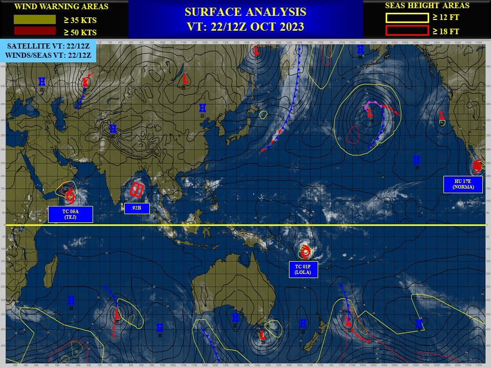 TC 05A(TEJ) strong CAT 3 US// TC 01P(LOLA) to peak at CAT 2 US by 24h// TCFA issued for Invest 92B//3 Week GTHO maps//2303utc