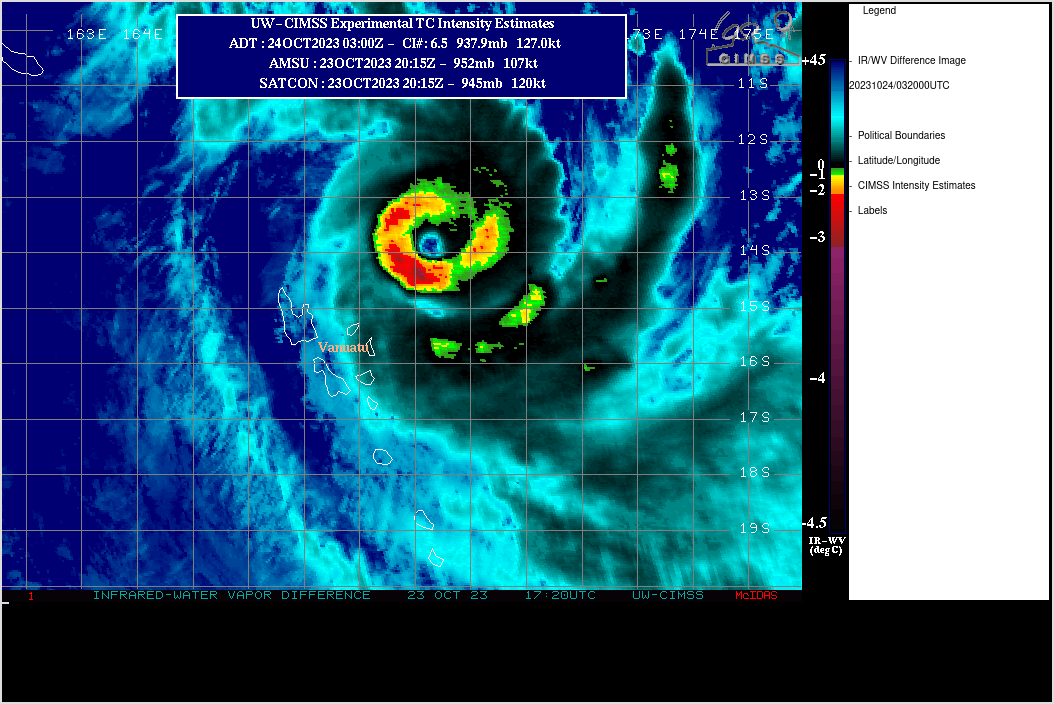 SATELLITE ANALYSIS, INITIAL POSITION AND INTENSITY DISCUSSION: ANIMATED MULTISPECTRAL SATELLITE IMAGERY (MSI) SHOWS THAT CYCLONE 01P (LOLA) HAS GENERALLY MAINTAINED INTENSITY OVER THE PAST SIX HOURS, AND SATELLITE-BASED INTENSITY ESTIMATES EVEN ROSE SLIGHTLY TO AN AVERAGE OF AROUND 120 KT, WHICH IS THE ASSESSED INITIAL INTENSITY. DURING THE MOST RECENT COUPLE OF HOURS, THERE ARE SIGNS  THAT COOLER WATERS MAY BE STARTING TO AFFECT THE STORM, WITH THE EYE BECOMING A BIT RAGGED AND THE COLD RING WARMING SLIGHTLY. MID-LEVEL VERTICAL SHEAR IS ASSESSED AT OVER 30 KT BY MODEL ANALYSES DUE TO A SHIFT IN ENVIRONMENTAL FLOW FROM LOW-LEVEL NORTHEASTERLIES TO MID- LEVEL SOUTHWESTERLIES WITH HEIGHT, BUT THIS DOESN'T APPEAR TO BE SIGNIFICANTLY DISRUPTING THE INNER CORE JUST YET.