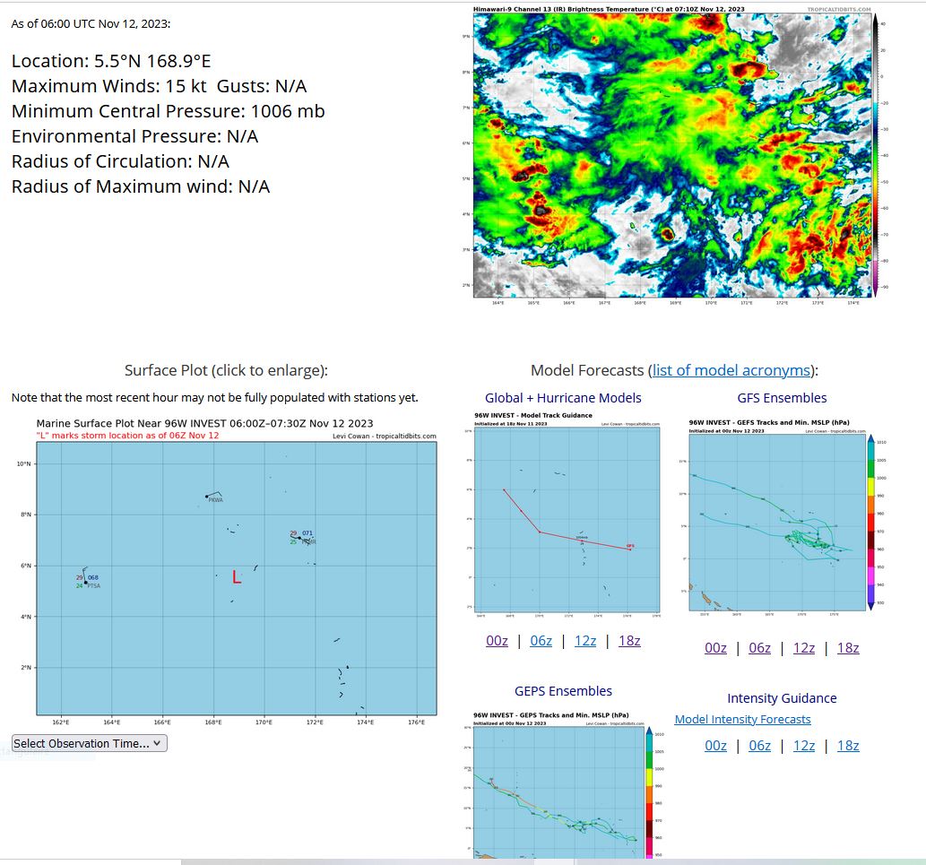 THE AREA OF CONVECTION (INVEST 96W) PREVIOUSLY LOCATED NEAR  4.6N 166.4E IS NOW LOCATED NEAR 4.9N 169.8E, APPROXIMATELY 407 NM EAST  OF KOSRAE. ANIMATED MULTISPECTRAL SATELLITE IMAGERY AND A 120510Z  HIMAWARI-9 VISIBLE IMAGE DEPICT A BROAD AREA OF TURNING WITH FORMATIVE  SHALLOW BANDS OF CONVECTION WRAPPING INTO A CONSOLIDATING LLCC.  ENVIRONMENTAL ANALYSIS INDICATES 96W IS IN A FAVORABLE ENVIRONMENT FOR  DEVELOPMENT WITH GOOD UPPER-LEVEL DIVERGENCE, HIGH SEA SURFACE  TEMPERATURES (30-31C), AND LOW VERTICAL WIND SHEAR (5-10 KTS). GLOBAL  NUMERICAL MODEL GUIDANCE IS IN FAIR AGREEMENT THAT 96W WILL CONTINUE  TO CONSOLIDATE AND FURTHER DEVELOP AS IT TRACKS WEST-NORTHWESTWARD  OVER THE NEXT 24 HOURS. MAXIMUM SUSTAINED SURFACE WINDS ARE ESTIMATED  AT 18 TO 22 KNOTS. MINIMUM SEA LEVEL PRESSURE IS ESTIMATED TO BE NEAR  1004 MB. MAXIMUM SUSTAINED SURFACE WINDS ARE ESTIMATED AT 15 TO 20  KNOTS. MINIMUM SEA LEVEL PRESSURE IS ESTIMATED TO BE NEAR 1006 MB. THE  POTENTIAL FOR THE DEVELOPMENT OF A SIGNIFICANT TROPICAL CYCLONE WITHIN  THE NEXT 24 HOURS IS LOW.