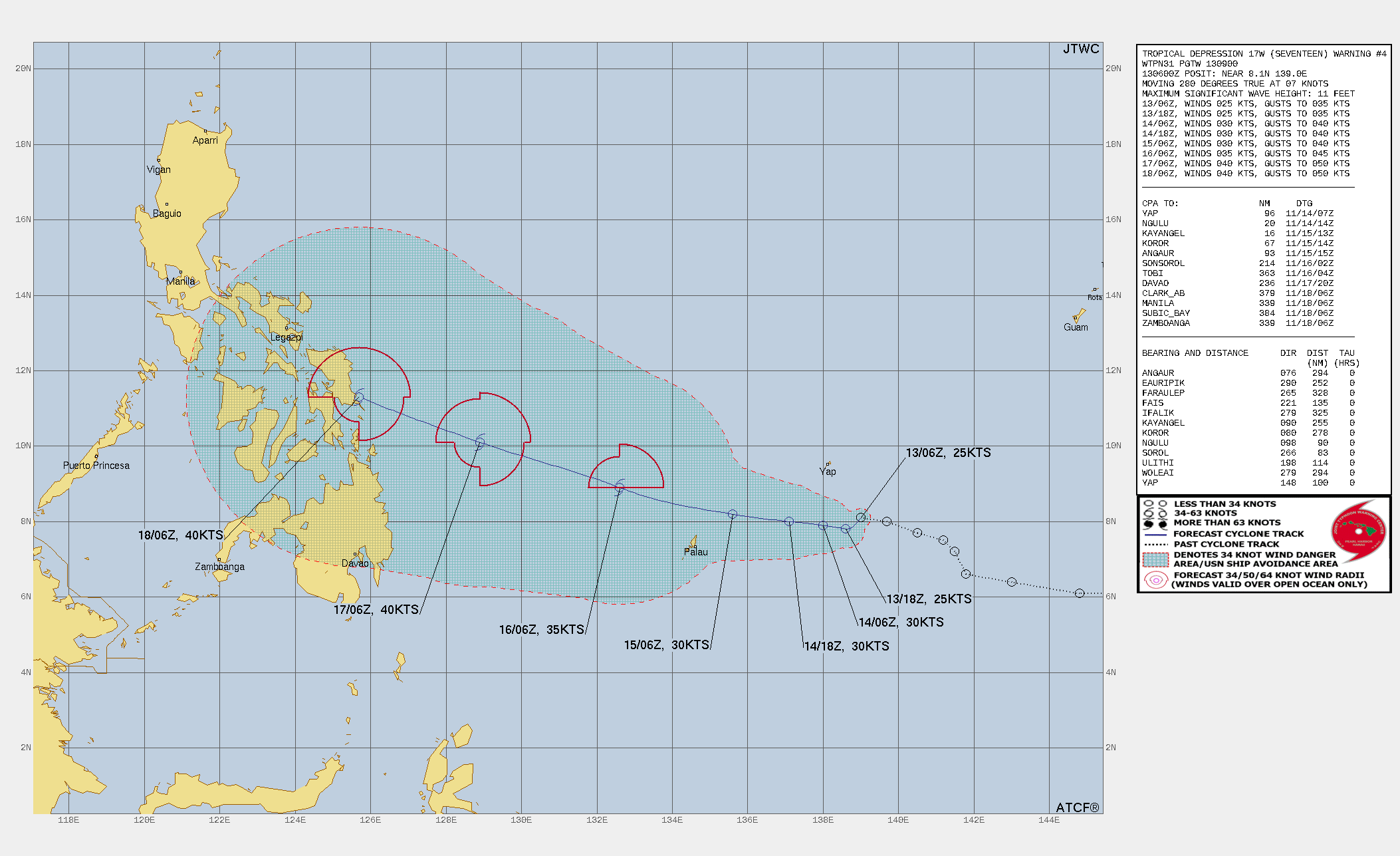 FORECAST REASONING.  SIGNIFICANT FORECAST CHANGES: THERE ARE NO SIGNIFICANT CHANGES TO THE FORECAST, THOUGH THE INITIAL POSITION HAS BEEN RELOCATED APPROXIMATELY 100NM NORTHEAST OF WHERE IT WAS FORECAST TO BE AT 130600Z.   FORECAST DISCUSSION: DUE TO THE RELOCATION OF THE EARLIER POSITIONS, TD 17W APPEARS TO BE MOVING AT A MODEST CLIP TOWARDS THE WEST. HOWEVER, THE MOST RECENT IMAGERY SUGGESTS A DRAMATIC SLOW-DOWN, AND THE SYSTEM IS NOW ASSESSED TO BE DRIFTING WESTWARD AT ABOUT 3 OR 4 KNOTS AT BEST. A WEAKNESS IN THE STR SITTING DUE NORTH OF THE SYSTEM IS LEADING TO A RELAXED STEERING GRADIENT IN THE LOW- TO MID-LEVELS, ALLOWING FOR THE SYSTEM TO SLOW DOWN SIGNIFICANTLY. THE WEAKNESS IN THE RIDGE PERSISTS FOR THE NEXT 24 TO 36 HOURS, AND TD 17W WILL DRIFT RATHER AIMLESSLY FOR THE NEXT DAY OR SO AS A RESULT. IN FACT, ERRATIC MOTION OF THE VORTEX, ENHANCED BY THE PRESENCE OF MULTIPLE AREAS OF VORTICITY, IS LIKELY THROUGH THE NEXT 24 HOURS. AFTER TAU 36, THE RIDGE IS EXPECTED TO STRENGTHEN AND TD 17W WILL ACCELERATE OUT TO THE WEST-NORTHWEST, CONTINUING TO RIDE THE SOUTH SIDE OF THE RIDGE THROUGH THE REMAINDER OF THE FORECAST PERIOD. TD 17W IS CLEARLY STRUGGLING IN THE FACE OF PERSISTENT, MODERATELY STRONG, DEEP-LAYER EASTERLY FLOW ALOFT. THE 13000Z SOUNDING FROM YAP SHOWED 35 KNOT OR GREATER WINDS EXTENDING FROM ABOUT 400MB ALL THE WAY TO THE TOP OF THE COLUMN AND 25-30 KNOT NORTHEASTERLIES BELOW THAT. INTERESTINGLY THE KOROR SOUNDING HIGHLIGHTS THE STRONGLY DIVERGENT NATURE OF THE UPPER-LEVEL FLOW, WITH NORTH-NORTHWESTERLIES AT 500MB, LIGHT AND VARIABLE WINDS FROM THERE TO 250MB AND EASTERLIES ABOVE THAT. THIS STRONGLY DIVERGENT FLOW DOWNSTREAM IS ALLOWING FOR THE DEVELOPMENT OF THE FLARING CONVECTION BUT UNTIL THIS CONVECTION CAN ROTATE OR MOVE UPSHEAR OF THE LOW-LEVEL VORTEX, THE SYSTEM WILL BE UNABLE TO INTENSIFY. ADDITIONALLY, AN AREA OF LOW OCEAN HEAT CONTENT LURKS TO THE WEST, NORTH OF PALAU. AS THE SYSTEM TRACKS SLOWLY THROUGH THIS REGION, THE LACK OF ENERGY FLUX WILL COMPOUND THE OTHER FACTORS, GENERATING LITTLE TO NO INTENSIFICATION THROUGH TAU 48. AFTER TAU 72, THE SYSTEM MOVES INTO A HIGH OHC REGION, SHEAR IS EXPECTED TO DECREASE (THOUGH MODERATE EASTERLY FLOW ALOFT PERSISTS) AND THE MID-LEVELS OF THE ATMOSPHERE WILL MOISTEN, ALLOWING FOR A SMALL AMOUNT OF INTENSIFICATION PRIOR TO LANDFALL IN THE EASTERN PHILIPPINES BY THE END OF THE FORECAST.