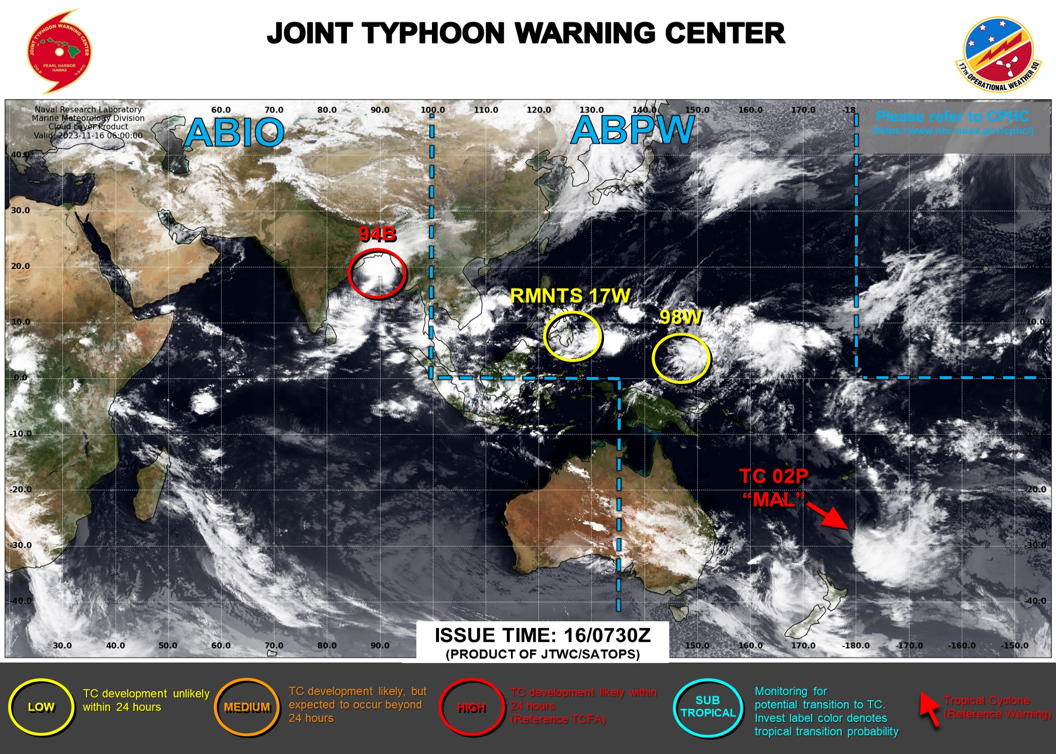 JTWC IS ISSUING 3HOURLY WARNINGS ON INVEST 94B AND THE REMNANTS OF TC 02P(MAL) AND THE REMNANTS OF TD 17W.