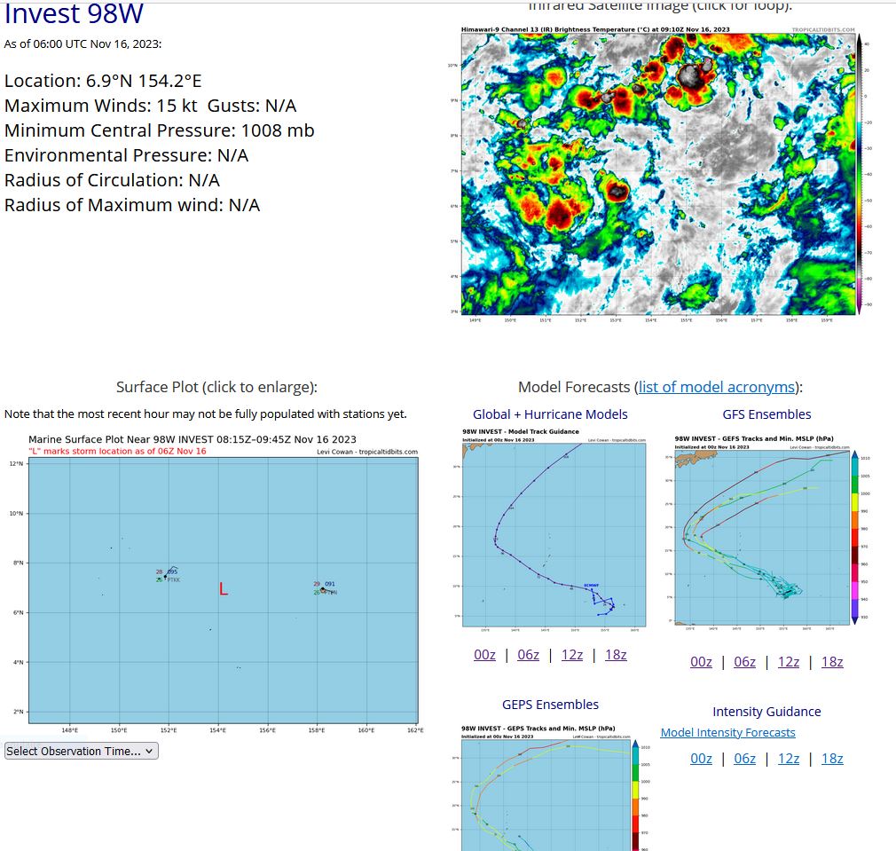 AN AREA OF CONVECTION (INVEST 98W) HAS PERSISTED NEAR 6.8N  154.8E, APPROXIMATELY 174 NM EAST OF CHUUK. ANIMATED MULTISPECTRAL  SATELLITE IMAGERY AND AN 110348Z AMSR2 89GHZ MICROWAVE IMAGE DEPICT A  BROAD AREA OF TURNING ACCOMPANIED BY AN AREA OF DEEP CONVECTION TO THE  SOUTHWEST. ENVIRONMENT ANALYSIS INDICATES THAT THE SYSTEM IS IN A  FAVORABLE ENVIRONMENT FOR DEVELOPMENT WITH GOOD OUTFLOW ALOFT, LOW  (10-15 KTS) VERTICAL WIND SHEAR, AND WARM (29-30C) SEA SURFACE  TEMPERATURE. GLOBAL MODELS ARE IN AGREEMENT THAT THE SYSTEM WILL  BRIEFLY INTERACT WITH THE REMNANT VORTICITY ASSOCIATED WITH INVEST  97W, AND THEN MOVE OUT TO THE WEST-NORTHWEST WHILE STEADILY DEVELOPING  OVER THE NEXT 24-48HRS. MAXIMUM SUSTAINED SURFACE WINDS ARE ESTIMATED  AT 15 TO 20 KNOTS. MINIMUM SEA LEVEL PRESSURE IS ESTIMATED TO BE NEAR  1008 MB. THE POTENTIAL FOR THE DEVELOPMENT OF A SIGNIFICANT TROPICAL  CYCLONE WITHIN THE NEXT 24 HOURS IS LOW.