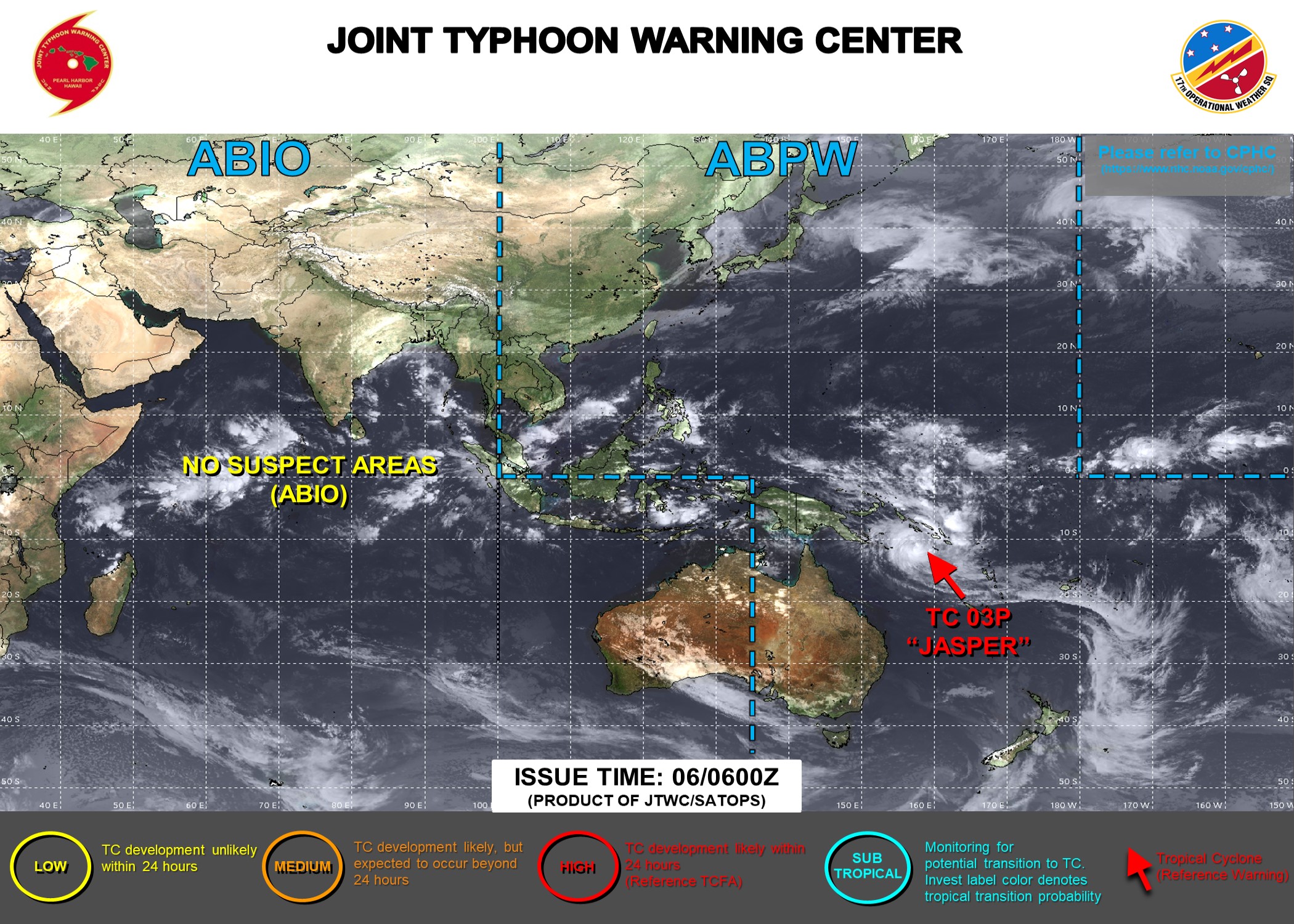 JTWC IS ISSUING 6HOURLY WARNINGS AND 3HOURLY SATELLITE BULLETINS ON TC 03P(JASPER). 3HOURLY SATELLITE BULLETINS ON THE REMNANTS OF TC 08B(MICHAUNG) WERE DISCONTINUED AT 06/1130UTC.