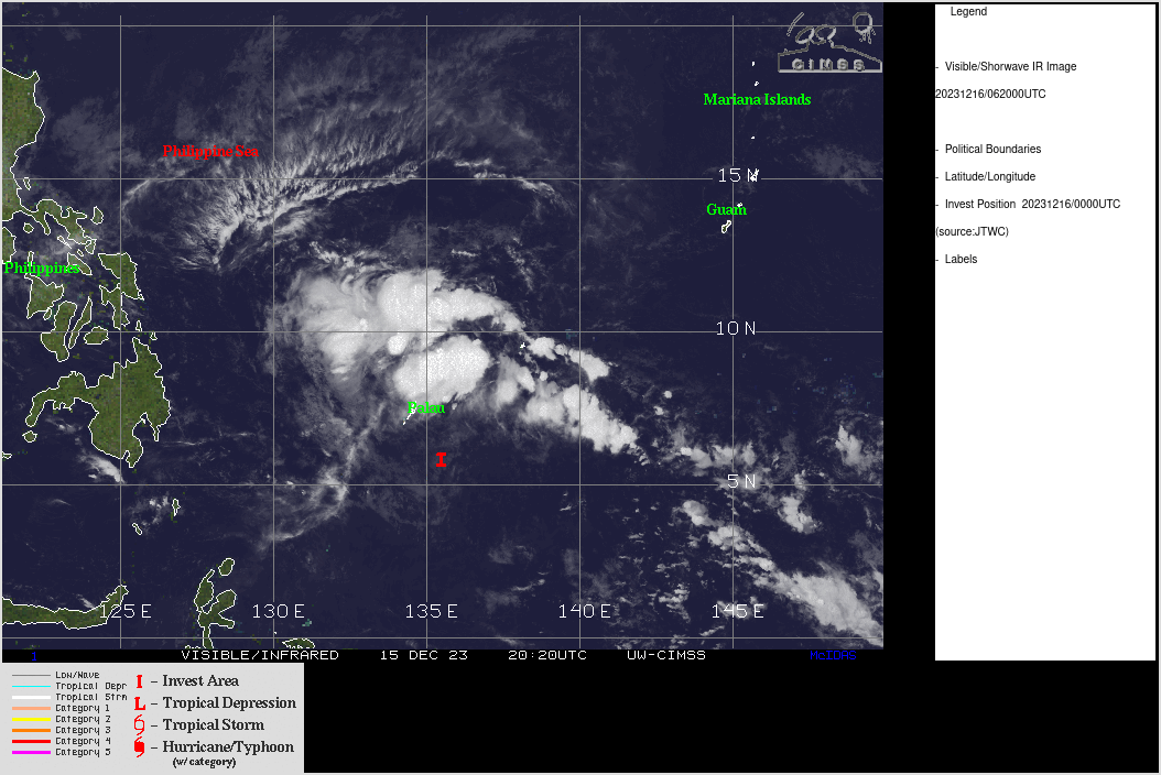 FORMATION OF A SIGNIFICANT TROPICAL CYCLONE IS POSSIBLE WITHIN 100 NM EITHER SIDE OF A LINE FROM 7.3N 135.1E TO 7.6N 129.7E WITHIN THE NEXT 00 TO 24 HOURS. AVAILABLE DATA DOES NOT JUSTIFY ISSUANCE OF NUMBERED TROPICAL CYCLONE WARNINGS AT THIS TIME. WINDS IN THE AREA ARE ESTIMATED TO BE 30 TO 45 KNOTS. METSAT IMAGERY AT 160000Z INDICATES THAT A CIRCULATION CENTER IS LOCATED NEAR 7.0N 135.1E. THE SYSTEM IS MOVING WEST-NORTHWESTWARD AT 14 KNOTS. 2. MAXIMUM SUSTAINED SURFACE WINDS ARE ESTIMATED AT 30 TO 45 KNOTS. MINIMUM SEA LEVEL PRESSURE IS ESTIMATED TO BE NEAR 989 MB. THE POTENTIAL FOR THE DEVELOPMENT OF A SIGNIFICANT TROPICAL CYCLONE WITHIN THE NEXT 24 HOURS IS HIGH. A DEVELOPING TROPICAL DEPRESSION IS LOCATED 40NM SOUTHEAST OF NGERULMUD, PHILLIPINES, AND 510NM EAST OF MANAY, PHILLIPINES, AND IS MOVING WNW AT 14 KTS. WINDS 30 TO 35 KNOTS WITHIN 600 MILES OF LOW SOUTHWEST SEMICRICLE AND 400 MILES ELSEWHERE. EXPECTED WINDS 30 TO 50 KTS WITHIN 1200 MILES OF LOW SOUTHWEST SEMICIRCLE AND 800 MILES ELSEWHERE WITHIN NEXT 24 HOURS.