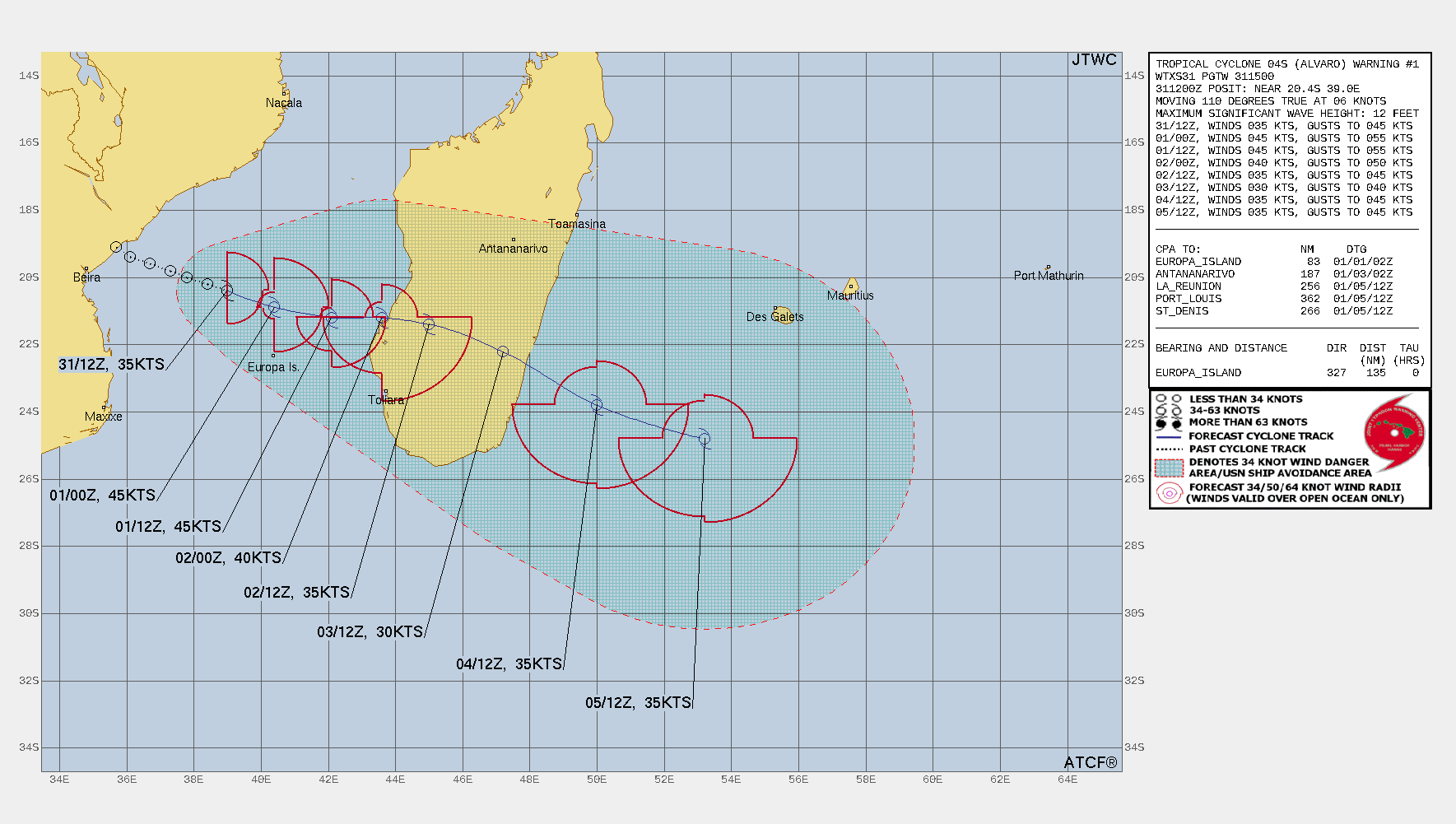 FORECAST REASONING.  SIGNIFICANT FORECAST CHANGES: THIS INITIAL PROGNOSTIC REASONING MESSAGE ESTABLISHES THE FORECAST PHILOSOPHY.  FORECAST DISCUSSION: TC 04S IS FORECAST TO TRACK EAST-SOUTHEASTWARD TO EASTWARD OVER THE NEXT 36 HOURS ALONG THE SOUTHERN PERIPHERY OF THE NER POSITIONED TO THE NORTH. ENVIRONMENTAL CONDITIONS SHOULD REMAIN GENERALLY FAVORABLE WITH ENHANCED POLEWARD OUTFLOW INTO THE SUBTROPICAL JET TO THE SOUTH AND WARM SEA SURFACE TEMPERATURES. HOWEVER, DRY AIR ENTRAINMENT IS CURRENTLY HINDERING DEVELOPMENT OVER THE WESTERN SEMICIRCLE AND IS FORECAST TO ENVELOP THE SYSTEM AFTER TAU 24. THEREFORE, THE INTENSITY IS EXPECTED TO PEAK NEAR 45 KNOTS WITHIN THE NEXT DAY THEN DECREASE AS THE SYSTEM APPROACHES THE COAST OF MADAGASCAR, WITH LANDFALL NEAR TAU 36. FURTHER WEAKENING WILL OCCUR AS THE SYSTEM TRACKS OVER THE MOUNTAINOUS TERRAIN OF MADAGASCAR. AFTER TAU 72, THE REMNANTS WILL RE-EMERGE OVER THE INDIAN OCEAN WITH GRADUAL REINTENSIFICATION TO ABOUT 35 KNOTS AS THE SYSTEM INTERACTS WITH STRENGHTHENING SUBTROPICAL WESTERLIES. INCREASING VERTICAL WIND SHEAR (30-40 KNOTS) SHOULD LIMIT THIS REINTENSIFICATION PHASE. TRACK MOTION SHOULD GENERALLY BE EAST-SOUTHEASTWARD AS THE STEERING INFLUENCE TRANSITIONS TO A SUBTROPICAL RIDGE POSITIONED TO THE NORTHEAST.