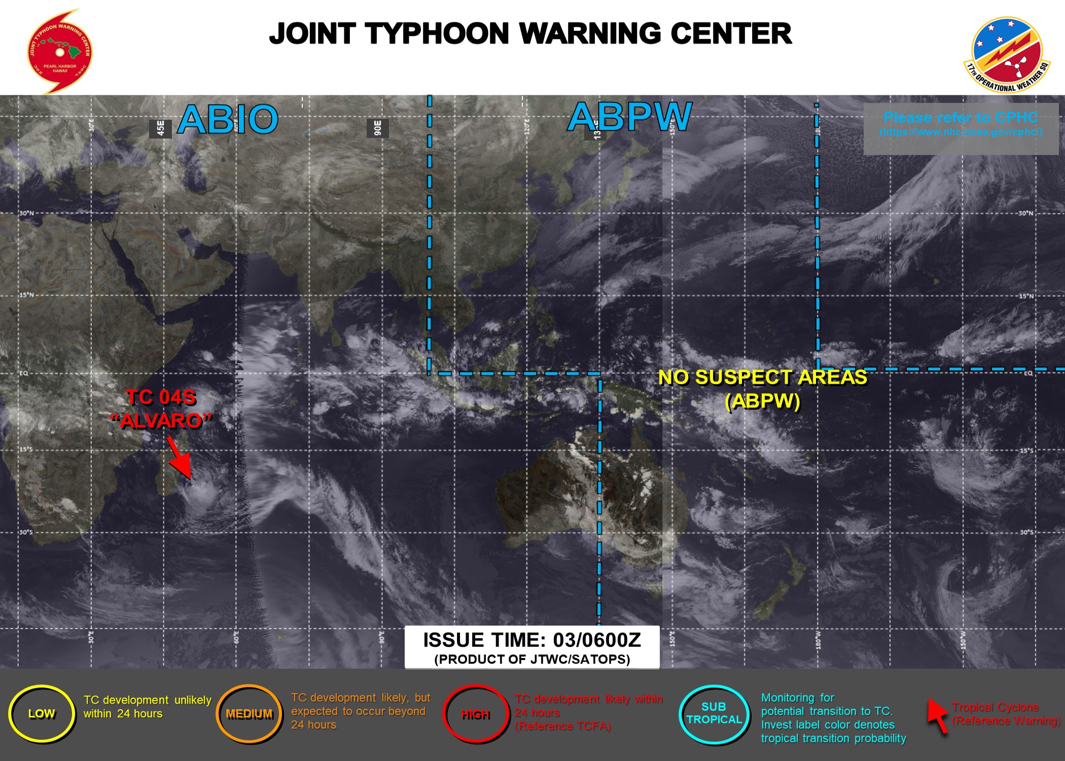 JTWC IS ISSUING 12HOURLY WARNINGS AND 3HOURLY SATELLITE BULLETINS ON TC 04S(ALVARO).