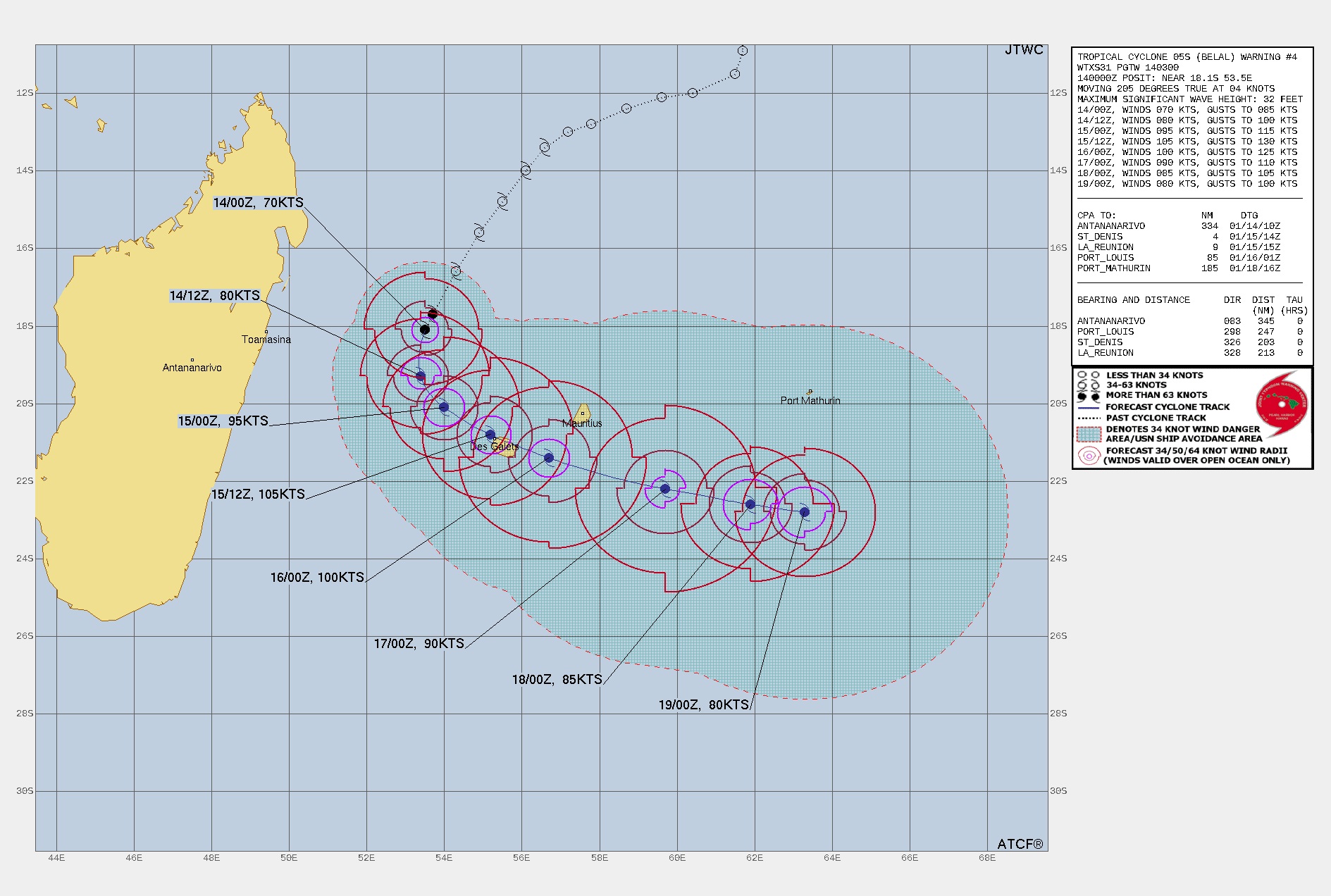 FORECAST REASONING.  SIGNIFICANT FORECAST CHANGES: THERE ARE NO SIGNIFICANT CHANGES TO THE FORECAST FROM THE PREVIOUS WARNING.  FORECAST DISCUSSION: TROPICAL CYCLONE (TC) 05S (BELAL) IS FORECAST TO CONTINUE ITS SLOW MOVEMENT TO THE SOUTH-SOUTHWEST ALONG THE WESTERN EDGE OF THE STR THROUGH TAU 12 AS IT CRESTS THE STR AXIS. AFTERWARD, TC BELAL WILL SHARPLY TURN TO THE SOUTHEAST AS THE STR WEAKENS AND THE WESTERLIES SHIFT OVER MADAGASCAR. TC BELAL IS UNDERGOING RAPID INTENSIFICATION AT THIS TIME, AND WILL CONTINUE UNDER VERY FAVORABLE ENVIRONMENTAL CONDITIONS UNTIL TAU 36. SLIGHT WEAKENING WILL BEGIN AT TAU 48 DUE TO A SLIGHT INCREASE IN VERTICAL WIND SHEAR (VWS) ASSOCIATED WITH THE STRENGTHENING SUB TROPICAL WESTERLIES AND INCREASED DRY AIR ENTERTAINMENT WRAPPING AROUND THE NORTHERN PERIPHERY OF THE TROPICAL CYCLONE. TC BELAL WILL TRACK TO THE EAST-SOUTHEASTWARD THROUGH TAU 120 ALONG THE AFOREMENTIONED STR POSITIONED TO THE NORTHEAST. ALTHOUGH REINTENSIFICATION IS NOT FORECASTED AT THIS TIME, AN INCREASE IN THE SUBTROPICAL WESTERLIES WILL SLOW DISSIPATION OF TC BELAL TO THE SOUTHEAST INTO TAU 120. FORECAST REASONING.  SIGNIFICANT FORECAST CHANGES: THERE ARE NO SIGNIFICANT CHANGES TO THE FORECAST FROM THE PREVIOUS WARNING.  FORECAST DISCUSSION: TROPICAL CYCLONE (TC) 05S (BELAL) IS FORECAST TO CONTINUE ITS SLOW MOVEMENT TO THE SOUTH-SOUTHWEST ALONG THE WESTERN EDGE OF THE STR THROUGH TAU 12 AS IT CRESTS THE STR AXIS. AFTERWARD, TC BELAL WILL SHARPLY TURN TO THE SOUTHEAST AS THE STR WEAKENS AND THE WESTERLIES SHIFT OVER MADAGASCAR. TC BELAL IS UNDERGOING RAPID INTENSIFICATION AT THIS TIME, AND WILL CONTINUE UNDER VERY FAVORABLE ENVIRONMENTAL CONDITIONS UNTIL TAU 36. SLIGHT WEAKENING WILL BEGIN AT TAU 48 DUE TO A SLIGHT INCREASE IN VERTICAL WIND SHEAR (VWS) ASSOCIATED WITH THE STRENGTHENING SUB TROPICAL WESTERLIES AND INCREASED DRY AIR ENTERTAINMENT WRAPPING AROUND THE NORTHERN PERIPHERY OF THE TROPICAL CYCLONE. TC BELAL WILL TRACK TO THE EAST-SOUTHEASTWARD THROUGH TAU 120 ALONG THE AFOREMENTIONED STR POSITIONED TO THE NORTHEAST. ALTHOUGH REINTENSIFICATION IS NOT FORECASTED AT THIS TIME, AN INCREASE IN THE SUBTROPICAL WESTERLIES WILL SLOW DISSIPATION OF TC BELAL TO THE SOUTHEAST INTO TAU 120.