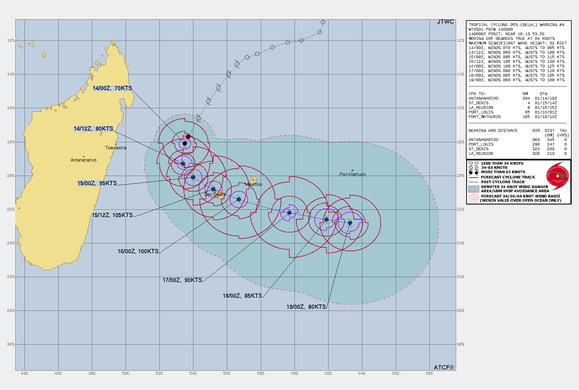 FORECAST REASONING.  SIGNIFICANT FORECAST CHANGES: THERE ARE NO SIGNIFICANT CHANGES TO THE FORECAST FROM THE PREVIOUS WARNING.  FORECAST DISCUSSION: TROPICAL CYCLONE (TC) 05S (BELAL) IS FORECAST TO CONTINUE ITS SLOW MOVEMENT TO THE SOUTH-SOUTHWEST ALONG THE WESTERN EDGE OF THE STR THROUGH TAU 12 AS IT CRESTS THE STR AXIS. AFTERWARD, TC BELAL WILL SHARPLY TURN TO THE SOUTHEAST AS THE STR WEAKENS AND THE WESTERLIES SHIFT OVER MADAGASCAR. TC BELAL IS UNDERGOING RAPID INTENSIFICATION AT THIS TIME, AND WILL CONTINUE UNDER VERY FAVORABLE ENVIRONMENTAL CONDITIONS UNTIL TAU 36. SLIGHT WEAKENING WILL BEGIN AT TAU 48 DUE TO A SLIGHT INCREASE IN VERTICAL WIND SHEAR (VWS) ASSOCIATED WITH THE STRENGTHENING SUB TROPICAL WESTERLIES AND INCREASED DRY AIR ENTERTAINMENT WRAPPING AROUND THE NORTHERN PERIPHERY OF THE TROPICAL CYCLONE. TC BELAL WILL TRACK TO THE EAST-SOUTHEASTWARD THROUGH TAU 120 ALONG THE AFOREMENTIONED STR POSITIONED TO THE NORTHEAST. ALTHOUGH REINTENSIFICATION IS NOT FORECASTED AT THIS TIME, AN INCREASE IN THE SUBTROPICAL WESTERLIES WILL SLOW DISSIPATION OF TC BELAL TO THE SOUTHEAST INTO TAU 120.