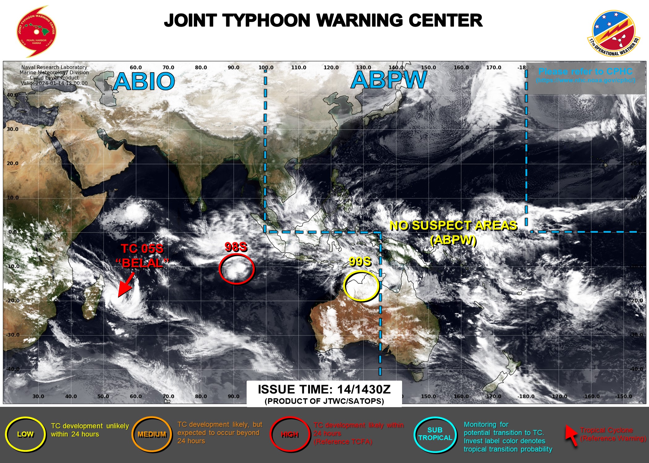 JTWC IS ISSUING 12HOURLY WARNINGS AND 3HOURLY SATELLITE BULLETINS ON TC 05S(BELAL) AND 3HOURLY SATELLITE BULLETINS ON INVEST 98S.