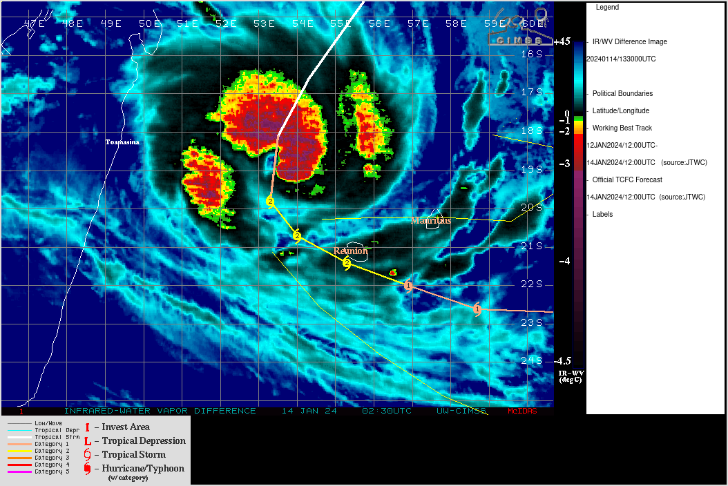SATELLITE ANALYSIS, INITIAL POSITION AND INTENSITY DISCUSSION: DESPITE INCREASING PRESSURE FROM SUBTROPICAL UPPER-LEVEL WESTERLY FLOW OVER THE WESTERN PERIPHERY OF THE SYSTEM, TROPICAL CYCLONE (TC) 05S CONTINUES TO CONSOLIDATE DUE IN LARGE PART TO STRONG POLEWARD AND EQUATORWARD OUTFLOW. ANIMATED ENHANCED INFRARED (EIR) SATELLITE IMAGERY DEPICTS A COMPACT CORE WITH A FORMATIVE EYE. A 140957Z AMSR2 37 GHZ COLOR COMPOSITE MICROWAVE IMAGE REVEALS SPIRAL BANDING WRAPPING TIGHTLY INTO A SMALL CORE SURROUNDING A SMALL, WELL-DEFINED MICROWAVE EYE FEATURE. THE INITIAL POSITION IS PLACED WITH HIGH CONFIDENCE BASED ON THE AMSR2 IMAGE. THE INITIAL INTENSITY OF 85 KTS IS ASSESSED WITH MEDIUM CONFIDENCE BASED ON DVORAK INTENSITY ESTIMATES RANGING FROM 77 TO 90 KNOTS AS WELL AS A 140957Z AMSR2 WINDSPEED IMAGE, WHICH INDICATES MAXIMUM WINDS OF 85 KNOTS OVER THE EASTERN QUADRANT. SATELLITE ANALYSIS, INITIAL POSITION AND INTENSITY DISCUSSION: DESPITE INCREASING PRESSURE FROM SUBTROPICAL UPPER-LEVEL WESTERLY FLOW OVER THE WESTERN PERIPHERY OF THE SYSTEM, TROPICAL CYCLONE (TC) 05S CONTINUES TO CONSOLIDATE DUE IN LARGE PART TO STRONG POLEWARD AND EQUATORWARD OUTFLOW. ANIMATED ENHANCED INFRARED (EIR) SATELLITE IMAGERY DEPICTS A COMPACT CORE WITH A FORMATIVE EYE. A 140957Z AMSR2 37 GHZ COLOR COMPOSITE MICROWAVE IMAGE REVEALS SPIRAL BANDING WRAPPING TIGHTLY INTO A SMALL CORE SURROUNDING A SMALL, WELL-DEFINED MICROWAVE EYE FEATURE. THE INITIAL POSITION IS PLACED WITH HIGH CONFIDENCE BASED ON THE AMSR2 IMAGE. THE INITIAL INTENSITY OF 85 KTS IS ASSESSED WITH MEDIUM CONFIDENCE BASED ON DVORAK INTENSITY ESTIMATES RANGING FROM 77 TO 90 KNOTS AS WELL AS A 140957Z AMSR2 WINDSPEED IMAGE, WHICH INDICATES MAXIMUM WINDS OF 85 KNOTS OVER THE EASTERN QUADRANT.