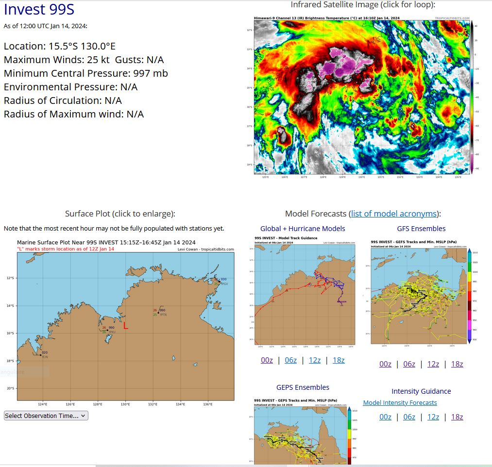 AN AREA OF CONVECTION (INVEST 99S) HAS PERSISTED NEAR 15.5S  130.0E, APPROXIMATELY 102 NM EAST OF WYNDHAM, AUSTRALIA. ANIMATED  ENHANCED INFRARED SATELLITE IMAGERY AND A 140941Z SSMIS 91 GHZ  MICROWAVE IMAGE DEPICT AN ORGANIZED LOW-LEVEL CIRCULATION (LLC) WITH  DEEP CONVECTIVE BANDING IN THE WESTERN AND NORTHERN QUADRANTS.  ANIMATED RADAR IMAGERY AND SURFACE OBSERVATIONS SUPPORT THE CURRENT  POSITION NEAR THE COAST AND CONFIRM A QUASI-STATIONARY MOTION OVER THE  PAST 12 HOURS. SURFACE OBSERVATIONS FROM POINT FAWCETT, TO THE NORTH,  INDICATE 20 TO 25 KNOT WESTERLIES WITH GUSTS AS HIGH AS 40 KNOTS,  HOWEVER, CORE WINDS ARE GENERALLY LESS THAN 15 KNOTS. WHILE THE SYSTEM  IS CURRENTLY OVER LAND, IT IS VERY CLOSE TO THE COAST AND WILL BE  MONITORED FOR A POSSIBLE TRANSITION OVER WATER. UPPER-LEVEL CONDITIONS  ARE FAVORABLE WITH ROBUST OUTFLOW ALOFT AND LOW (10-15 KTS) VERTICAL  WIND SHEAR. FRICTIONAL EFFECTS OVER LAND ARE HINDERING DEVELOPMENT BUT  SURFACE PRESSURE VALUES ARE CLIMATOLOGICALLY LOW AT 997 MB. GLOBAL  MODELS ARE IN AGREEMENT THAT 99S WILL REMAIN NEAR THE COAST OF  AUSTRALIA OVER THE NEXT 24-48 HOURS WITH LITTLE INTENSIFICATION.  MAXIMUM SUSTAINED SURFACE WINDS ARE ESTIMATED AT 20 TO 25 KNOTS.  MINIMUM SEA LEVEL PRESSURE IS ESTIMATED TO BE NEAR 997 MB. THE  POTENTIAL FOR THE DEVELOPMENT OF A SIGNIFICANT TROPICAL CYCLONE WITHIN  THE NEXT 24 HOURS IS LOW.