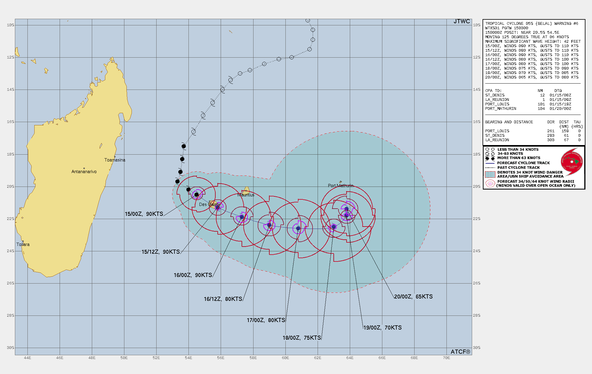 FORECAST REASONING.  SIGNIFICANT FORECAST CHANGES: THERE ARE NO SIGNIFICANT CHANGES TO THE FORECAST FROM THE PREVIOUS WARNING.  FORECAST DISCUSSION: TC 05S IS TRACKING SOUTHEASTWARD TOWARD LA REUNION AND FORECAST TO TURN GENERALLY EAST-SOUTHEASTWARD THROUGHOUT THE FORECAST PERIOD AS THE DEEP-LAYERED SUBTROPICAL RIDGE  (STR) WILL CONTINUE TO STRONGLY INFLUENCE THE MOVEMENT OF THE STORM  UNTIL TAU 96. THE SYSTEM IS NOT EXPECTED TO UNDERGO WEAKENING THROUGH  TAU 24, BUT IS EXPECTED TO MAINTAIN AN INTENSITY OF 90 KTS UNDER  FAVORABLE ENVIRONMENTAL CONDITIONS. BY TAU 36, DRY AIR WILL SLOWLY  WRAP CYCLONICALLY AROUND TC 05S FROM THE WESTERN PERIPHERY. AS THE CYCLONE CONTINUES TO THE SOUTHEAST AND THEN THE EAST-SOUTHEAST, A  SLOW AND STEADY WEAKENING IS FORECAST UNTIL TAU 72 DUE TO INCREASING VERTICAL WIND SHEAR (VWS) AND DRY AIR ENTRAINMENT. AFTER TAU 72, TC 05S IS EXPECTED TO SLOW SIGNIFICANTLY AND BECOME QUASI-STATIONARY WITH  THE WELL-ESTABLISHED STR TO THE WEST AND EAST.