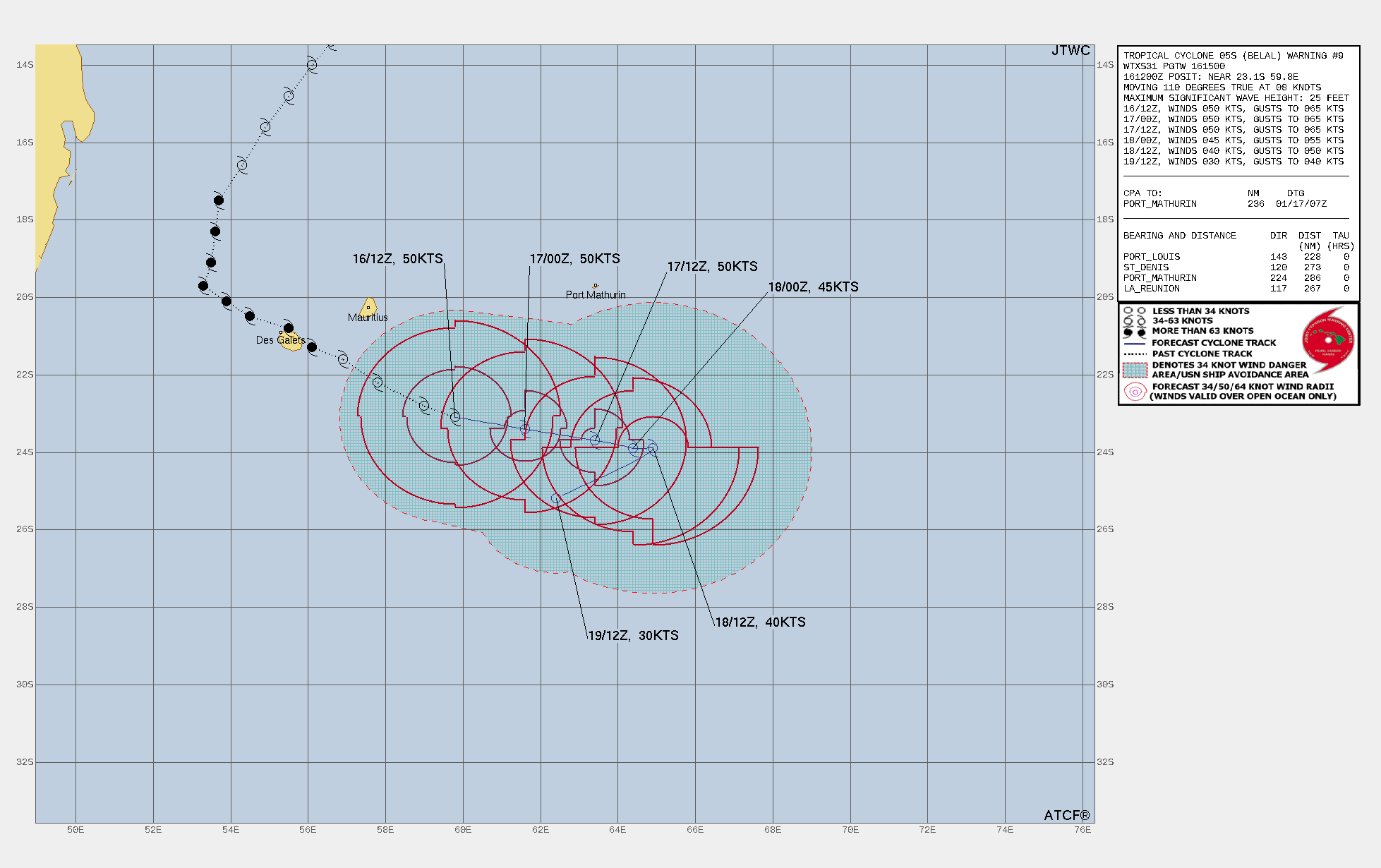 FORECAST REASONING.  SIGNIFICANT FORECAST CHANGES: TRUNCATING THE FORECAST AT TAU 72 AS THE STORM IS ANTICIPATED TO DISSIPATE.  FORECAST DISCUSSION: TC 05S (BELAL) IS FORECAST TO TRACK EAST-SOUTHEAST THROUGH TAU 48 WHILE STEERED BY THE NER TO THE NORTHWEST. THE SYSTEM SLOWS DOWN SIGNIFICANTLY BY TAU 36 AS IT RUNS INTO A BUILDING RIDGE TO THE EAST WHICH EFFECTIVELY BLOCKS FURTHER EASTWARD PROGRESSION. AFTER TAU 48, TC BELAL WILL VEER SHARPLY SOUTHWEST AS THE NER TO THE NORTH WEAKENS AND THE STEERING INFLUENCE SHIFTS TO THE LOW- TO MID-LEVEL MID-LATITUDE RIDGE TO THE SOUTH. BELAL IS ANTICIPATED TO MAINTAIN 50 KNOT INTENSITY THROUGH TAU 24 AS COMPETING ENVIRONMENTAL FACTORS OFFSET ONE ANOTHER. BY TAU 24 HOWEVER, THE SYSTEM WILL EXPERIENCE A MORE RAPID WEAKENING TREND, AS WIND SHEAR IS ANTICIPATED TO INCREASE TO APPROXIMATELY 30KTS BY TAU 48 AND INCREASE TO 55-60KTS BY TAU 96. A RADIOSONDE SOUNDING FROM FMEE SHOWS THAT MOISTURE CEASES ABOVE 700MB, AND DRY AIR IS EXPECTED TO CONTINUE TO ENTRAIN INTO THE SYSTEM AND WEAKEN THE STORMS INTENSITY AS IT TRAVELS TO THE EAST SOUTH-EAST AND THEN WEST SOUTH-WEST. THE COMBINATION OF THE DRY AIR ENTRAINMENT AND THE MID LEVEL WIND SHEAR ARE ANTICIPATED TO OVERCOME THE FAVORABLE SST OF 26C AND DISSIPATE THE STORM BY TAU 72.