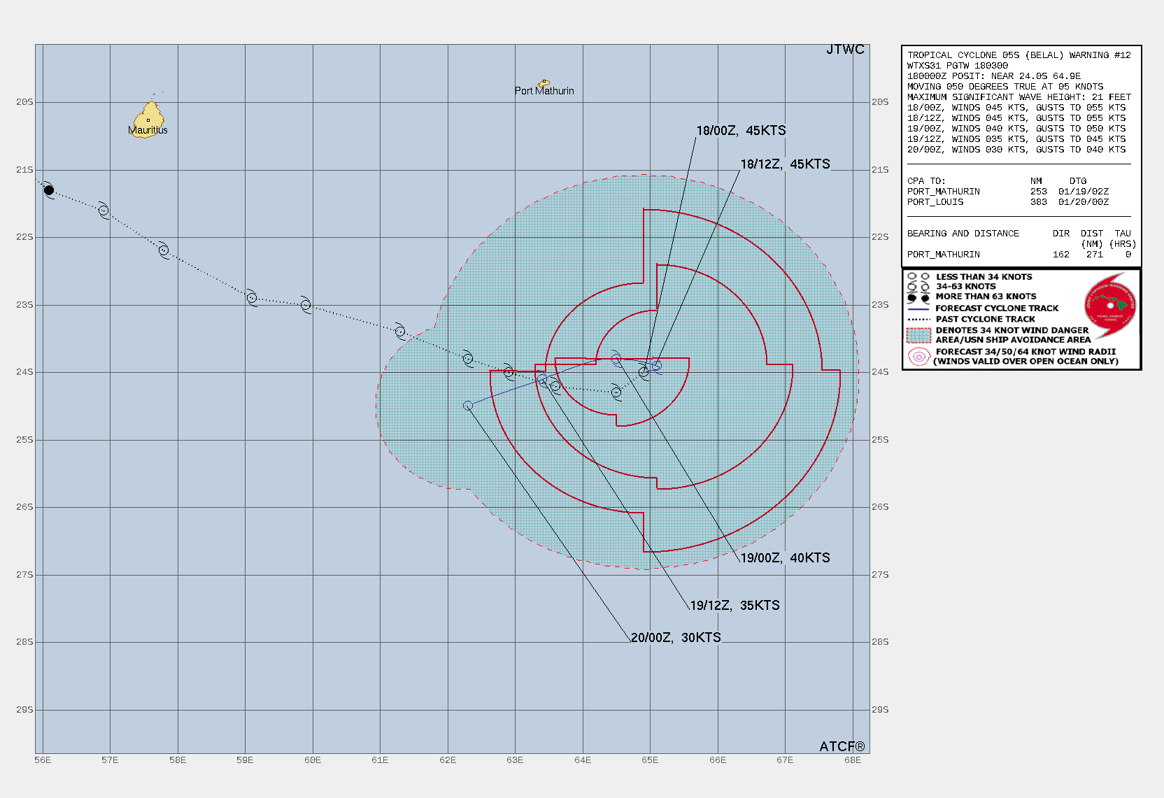 FORECAST REASONING.  SIGNIFICANT FORECAST CHANGES: THERE ARE NO SIGNIFICANT CHANGES TO THE FORECAST FROM THE PREVIOUS WARNING.  FORECAST DISCUSSION: TC 05S (BELAL) IS FORECASTED TO CONTINUE TO PROGRESS SLIGHTLY FURTHER TO THE NORTHEAST AND LOOP BACK TO THE WEST ALONG THE SOUTHERN EDGE OF THE NER TO THE NORTH, SLOWS DOWN TO A NEAR-STALL, AND EJECTS SHARPLY SOUTHWESTWARD ALONG THE NORTHERN SIDE OF A LOW TO MID-LEVEL MID-LATITUDE AREA OF ANTICYCLONIC ROTATION POSITIONED DIRECTLY POLEWARD OF TC 05S BETWEEN TAU 0 AND TAU 36. THROUGHOUT THE FORECAST PERIOD, THE CYCLONE WILL CONTINUE TO DECREASE IN INTENSITY AS STRONG WIND SHEAR (25-30 KTS) WILL FURTHER DISSIPATE THE TROPICAL STRUCTURE OF THE SYSTEM, DEGRADING ANY OPPORTUNITY FOR FURTHER DEVELOPMENT. TC 05S WILL ALSO CONTINUE TO BE FURTHER WEAKENED A CONTINUOUS SURGE OF DRY AIR FROM THE WESTERN PERIPHERY, COMPLETELY ENCIRCLING THE TC BY TAU 48. THE COMBINATION OF DRY AIR AND STRONG VWS WILL LEAD TO DISSIPATION OVER WATER BY TAU 48.