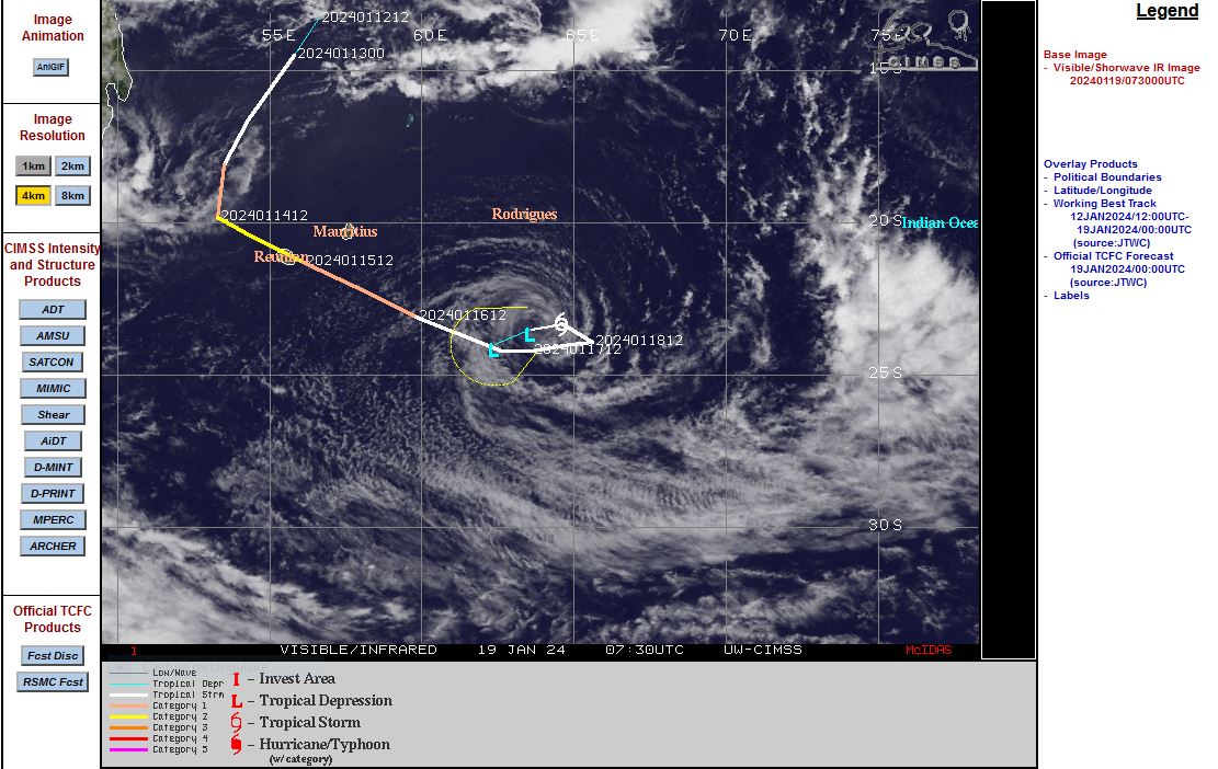 REMARKS: 190300Z POSITION NEAR 23.4S 64.3E. 19JAN24.  TROPICAL CYCLONE 05S (BELAL), LOCATED APPROXIMATELY  450 NM EAST-SOUTHEAST OF PORT LOUIS, MAURITIUS, HAS TRACKED NORTHWESTWARD AT 05 KNOTS OVER THE PAST SIX HOURS. OVER THE  PREVIOUS 12 HOURS, TROPICAL CYCLONE (TC) 05S HAS UNDERGONE SIGNIFICANT WEAKENING AND EROSION AS THE MAIN CONVECTION WAS SHEARED  150+ NM FROM AND FULLY EXPOSING THE LLCC, AS OBSERVED ON ANIMATED  ENHANCED INFRARED (EIR) SATELLITE IMAGERY, RESULTING IN A COMPLETE LOSS OF CONVECTIVE SUPPORT THROUGH STRONG (25-30KT) RELATIVE  VERTICAL WIND SHEAR (VWS) AND DRY AIR ENTRAINMENT WRAPPING INTO THE CIRCULATION CENTER. THE UNFAVORABLE ENVIRONMENTAL CONDITIONS ARE EXPECTED TO PERSIST, RESULTING IN DISSIPATION BY TAU 12 OR SOONER.  2. THIS IS THE FINAL WARNING ON THIS SYSTEM BY THE JOINT TYPHOON  WRNCEN PEARL HARBOR HI. THE SYSTEM WILL BE CLOSELY MONITORED FOR SIGNS  OF REGENERATION. MAXIMUM SIGNIFICANT WAVE HEIGHT AT 190000Z IS 17  FEET.