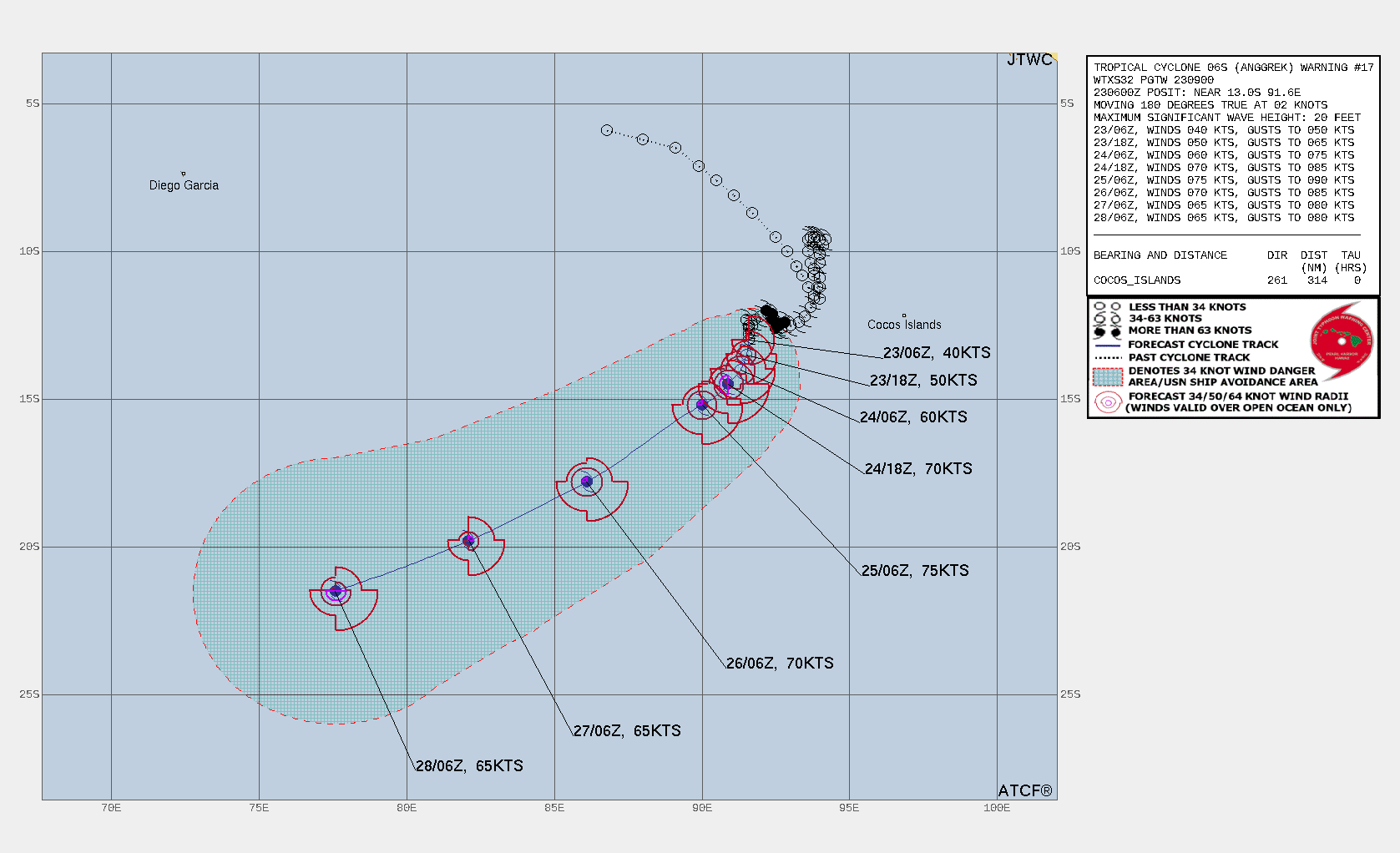 FORECAST REASONING.  SIGNIFICANT FORECAST CHANGES: THERE ARE NO SIGNIFICANT CHANGES TO THE FORECAST FROM THE PREVIOUS WARNING.  FORECAST DISCUSSION: TRACK MOTION IS EXPECTED TO REMAIN SLOW AND POSSIBLY ERRATIC UNTIL AFTER TAU 24 WHEN A DOMINANT STR IS FORECASTED TO BUILD TO THE SOUTH AND THEN SOUTHEAST, WHICH WILL ACCELERATE THE SYSTEM WEST-SOUTHWESTWARD THROUGH THE FORECAST PERIOD. AS THE SYSTEM ACCELERATES, THE LIMITING EFFECTS OF THE UPWELLING COOLER WATER WILL LESSEN AND THE SYSTEM WILL INTENSIFY AT A FASTER RATE UP TO A PEAK INTENSITY OF 70-75 KNOTS. AFTER TAU 72, ENVIRONMENTAL CONDITIONS WILL DEGRADE SLIGHTLY WITH SOME DRY AIR ENTRAINMENT AND WEAKER OUTFLOW RESULTING IN A SLIGHT WEAKENING TREND.