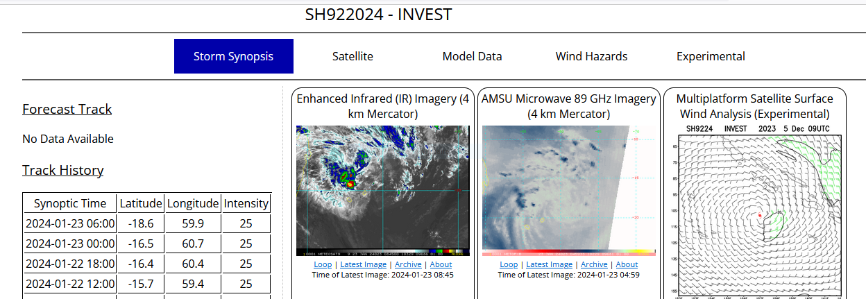 THE AREA OF CONVECTION (INVEST 92S) PREVIOUSLY LOCATED NEAR  17.4S 64.4E HAS BEEN RE-LOCATED NEAR 15.7S 59.5E, APPROXIMATELY 243 NM  NORTH-NORTHEAST OF MAURITIUS. THE CONVECTION WAS PREVIOUSLY SCATTERED  WITHIN AN ELONGATED TROUGH WITH MULTIPLE WEAK VORTICITY CENTERS AND HAS  NOW CONSOLIDATED TO A DISCERNABLE LOW-LEVEL CIRCULATION CENTER (LLCC)  THAT IS VISIBLE ON ANIMATED SHORTWAVE INFRARED IMAGERY.  SATELLITE  ANIMATION ALSO SHOWS THE CONVECTION BEING SHEARED TO THE NORTHWEST  LEAVING THE LLCC MOSTLY EXPOSED.  ANIMATED TOTAL PRECIPITABLE WATER  LOOPS SHOWS DEEP MOISTURE INCREASING AND INSULATING THE CIRCULATION ON  THE SOUTHWEST SIDE. ENVIRONMENTAL ANALYSIS INDICATES THAT 92S IS IN A  MARGINALLY FAVORABLE ENVIRONMENT FOR FURTHER DEVELOPMENT WITH WEAK  EQUATORWARD OUTFLOW ALOFT, MODERATE TO HIGH (20-25 KTS) VERTICAL WIND  SHEAR, AND WARM (28-29 C) SEA SURFACE TEMPERATURES. MODEL GUIDANCE  INDICATES THAT THE SYSTEM WILL GATHER MOMENTUM AND CONTINUE DEEPENING  AND CONSOLIDATING OVER THE NEXT 48 HOURS, PASSING TO THE EAST OF  MAURITIUS NEAR 240600Z.   MAXIMUM SUSTAINED SURFACE WINDS ARE ESTIMATED  AT 20 TO 25 KNOTS. MINIMUM SEA LEVEL PRESSURE IS ESTIMATED TO BE NEAR  1001 MB. THE POTENTIAL FOR THE DEVELOPMENT OF A SIGNIFICANT TROPICAL  CYCLONE WITHIN THE NEXT 24 HOURS IS UPGRADED TO MEDIUM.