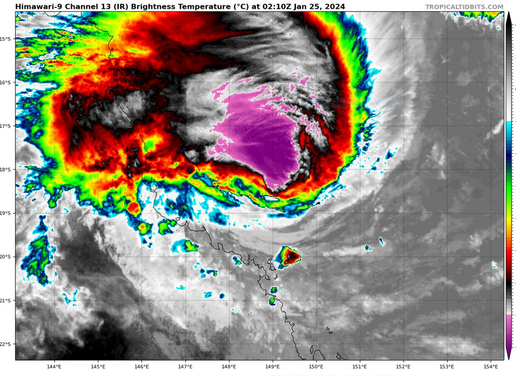 SATELLITE ANALYSIS, INITIAL POSITION AND INTENSITY DISCUSSION: ANIMATED MULTISPECTRAL SATELLITE IMAGERY (MSI) DEPICTS TROPICAL CYCLONE (TC) 07P (KIRRILY) HAVING A PARTIALLY EXPOSED LOW LEVEL CIRCULATION CENTER (LLCC) WITH PERSISTING DEEP CONVECTION DISPLACED MOSTLY TO THE NORTHERN SEMICIRCLE DUE TO SOUTHERLY WIND SHEER. THE OUTERMOST SHALLOW BANDING ALONG THE WESTERN PERIPHERY HAS MOVED OVER LAND, BRINGING REPORTS OF RAINFALL ALONG COASTAL OBSERVATION SITES. THE INITIAL POSITION IS PLACED WITH HIGH CONFIDENCE BASED ON 250000Z HIMAWARI-9 VISIBLE SATELLITE IMAGERY CAPTURING A PARTIALLY  EXPOSED LLCC. THE INITIAL INTENSITY OF 55 KTS IS ASSESSED WITH HIGH CONFIDENCE BASED ON SYNOPTIC OBSERVATIONS FROM FLINDERS REEF REPORTING 53KTS WESTERLIES AT 250100Z, 58NM WEST-NORTHWEST OF THE LLCC, AND THE SUBJECTIVE AND OBJECTIVE INTENSITY GUIDANCE BELOW