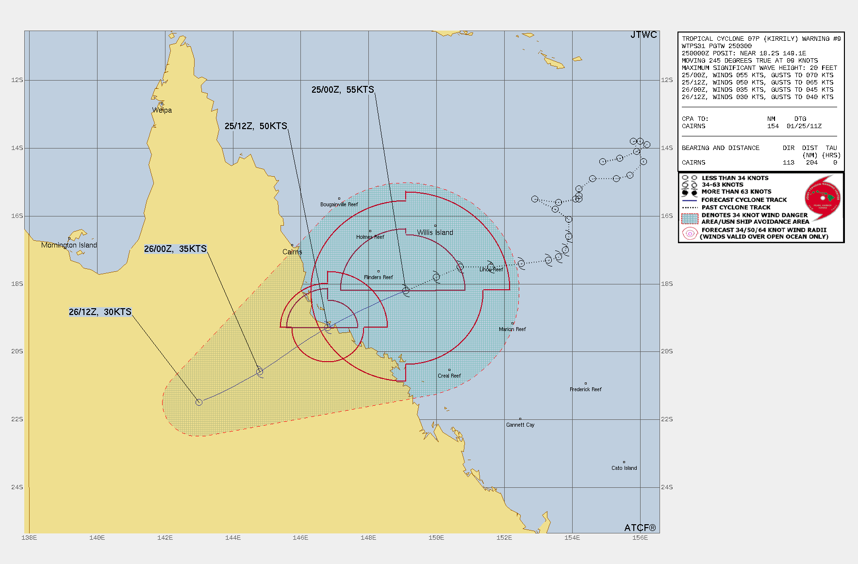 FORECAST REASONING.  SIGNIFICANT FORECAST CHANGES: THERE ARE NO SIGNIFICANT CHANGES TO THE FORECAST FROM THE PREVIOUS WARNING.  FORECAST DISCUSSION: TC 07P IS FORECAST TO TRACK WEST-SOUTHWESTWARD TO SOUTHWESTWARD THROUGH TAU 36. LANDFALL IS FORECAST TO OCCUR ALONG THE NORTHEASTERN COASTLINE OF AUSTRALIA, 154NM SSE OF CAIRNS, NEAR TAU 12 WITH AN INTENSITY OF APPROXIMATELY 50KTS. DISSIPATION OF THE TC IS FORECAST TO OCCUR BETWEEN TAU 24 AND TAU 36 OVER LAND.  MODEL DISCUSSION: GLOBAL NUMERICAL MODEL GUIDANCE IS IN EXCEPTIONAL AGREEMENT THAT TC 07P WILL CONTINUE TRACKING ON A WEST-SOUTHWESTWARD  TO SOUTHWESTWARD TRACK THROUGH THE FORECAST INTERVAL. INTENSITY  GUIDANCE SUGGESTS TC 07P HAS REACHED A PEAK INTENSITY OF 55 KTS AND  WILL GRADUALLY DOWNTREND THROUGHOUT THE REMAINDER OF THE FORECAST  (THROUGH TAU 36). FORECAST REASONING.  SIGNIFICANT FORECAST CHANGES: THERE ARE NO SIGNIFICANT CHANGES TO THE FORECAST FROM THE PREVIOUS WARNING.  FORECAST DISCUSSION: TC 07P IS FORECAST TO TRACK WEST-SOUTHWESTWARD TO SOUTHWESTWARD THROUGH TAU 36. LANDFALL IS FORECAST TO OCCUR ALONG THE NORTHEASTERN COASTLINE OF AUSTRALIA, 154NM SSE OF CAIRNS, NEAR TAU 12 WITH AN INTENSITY OF APPROXIMATELY 50KTS. DISSIPATION OF THE TC IS FORECAST TO OCCUR BETWEEN TAU 24 AND TAU 36 OVER LAND.  MODEL DISCUSSION: GLOBAL NUMERICAL MODEL GUIDANCE IS IN EXCEPTIONAL AGREEMENT THAT TC 07P WILL CONTINUE TRACKING ON A WEST-SOUTHWESTWARD  TO SOUTHWESTWARD TRACK THROUGH THE FORECAST INTERVAL. INTENSITY  GUIDANCE SUGGESTS TC 07P HAS REACHED A PEAK INTENSITY OF 55 KTS AND  WILL GRADUALLY DOWNTREND THROUGHOUT THE REMAINDER OF THE FORECAST  (THROUGH TAU 36).