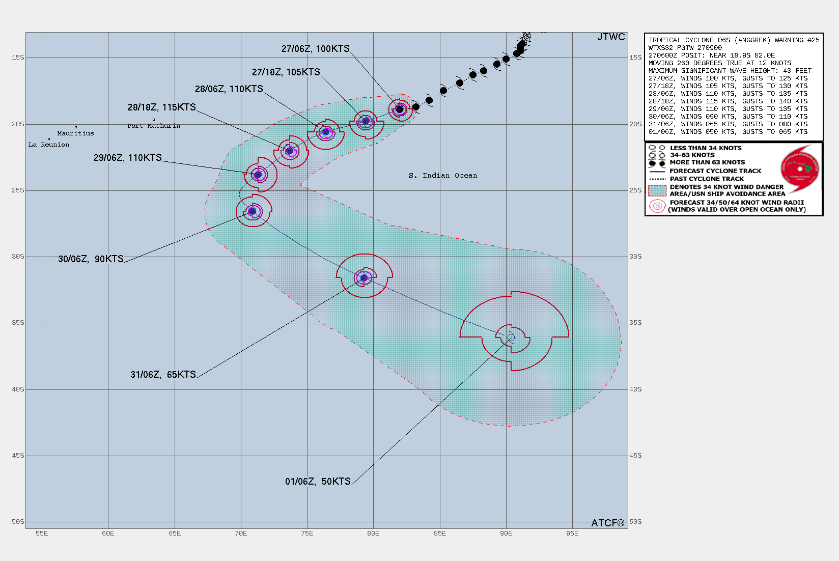 FORECAST REASONING.  SIGNIFICANT FORECAST CHANGES: THERE ARE NO SIGNIFICANT CHANGES TO THE FORECAST FROM THE PREVIOUS WARNING.  FORECAST DISCUSSION: TC ANGGREK WILL CONTINUE ON A WEST-SOUTHWESTWARD TO SOUTHWESTWARD TRACK UNDER THE STEERING INFLUENCE OF THE STR. AFTER TAU 48, IT WILL TURN MORE POLEWARD AS IT ROUNDS THE STR AXIS, RECURVE AND ACCELERATE SOUTHEASTWARD AS THE STR RECEDES IN RESPONSE TO AN APPROACHING MID-LATITUDE TROUGH FROM THE SOUTHWEST. THE HIGHLY FAVORABLE ENVIRONMENT WILL FUEL A STEADY INTENSIFICATION TO A PEAK OF 110KTS BY TAU 48, AFTERWARD, INCREASING VWS ASSOCIATED WITH THE STRONG WESTERLIES, THEN COOLING SST WILL GRADUALLY ERODE THE SYSTEM. CONCURRENTLY, BY TAU 96, TC 08S WILL ENTER THE BAROCLINIC ZONE AND BEGIN EXTRA-TROPICAL TRANSITION (ETT), AND BY TAU 120, WILL TRANSFORM INTO A STORM-FORCE COLD CORE LOW.