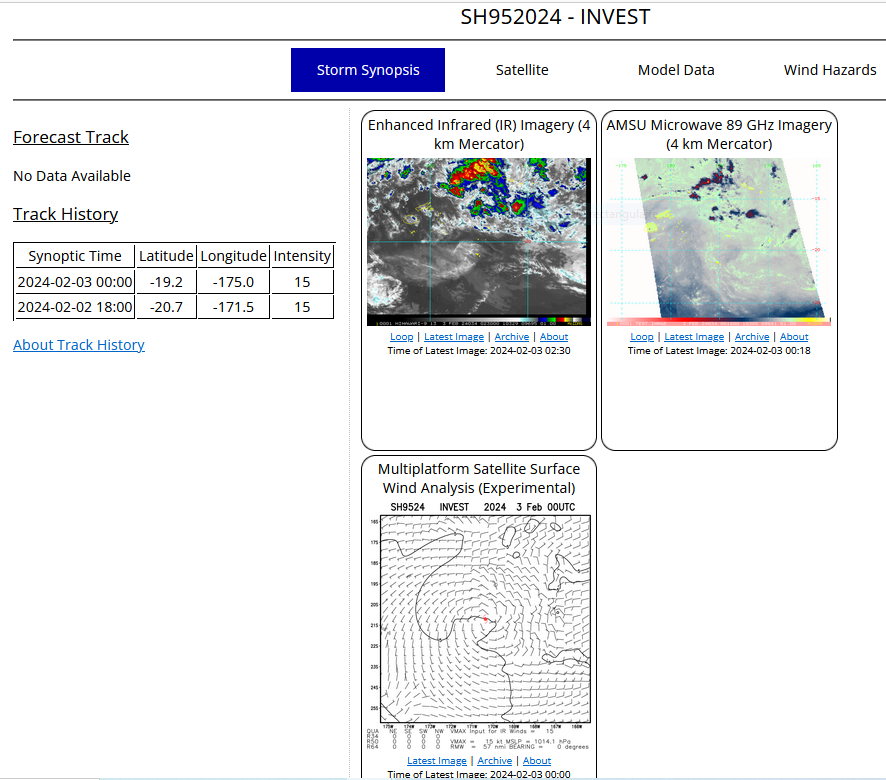 AN AREA OF CONVECTION (INVEST 95P) HAS PERSISTED NEAR 19.2S  175.0W, APPROXIMATELY 440 NM EAST-SOUTHEAST OF NADI. THE SYSTEM IS  CURRENTLY CLASSIFIED AS A SUBTROPICAL DISTURBANCE, GENERALLY  CHARACTERIZED AS HAVING BOTH TROPICAL AND MIDLATITUDE CYCLONE  FEATURES. ANIMATED MULTISPECTRAL IMAGERY AND A 022343Z GMI 89GHZ  SATELLITE MICROWAVE IMAGE DEPICTS A BROAD AREA OF CIRCULATION WITH  CURVED LOW-LEVEL FORMATIVE CLOUD BANDS. UPPER-LEVEL ANALYSIS  INDICATES MARGINALLY FAVORABLE CONDITIONS FOR FURTHER DEVELOPMENT  CHARACTERIZED BY MODERATE LOW-LEVEL CONVERGENCE, MODERATE TO HIGH  (20-30 KNOTS) VERTICAL WIND SHEAR (VWS), AND HIGH (29-30 C) SEA  SURFACE TEMPERATURES (SST). GLOBAL NUMERICAL MODEL GUIDANCE   INDICATES THAT THE SYSTEM WILL TRACK NORTH-NORTHEASTWARD OVER THE  NEXT 24 HOURS AND THEN MAKE A NORTHEASTWARD TURN AT TAU 36. FOR  HAZARDS AND WARNINGS, REFERENCE THE FLEET WEATHER CENTER SAN DIEGO  HIGH WINDS AND SEAS PRODUCT OR REFER TO LOCAL WMO DESIGNATED FORECAST  AUTHORITY. MAXIMUM SUSTAINED SURFACE WINDS ARE ESTIMATED AT 13 TO 17  KNOTS. MINIMUM SEA LEVEL PRESSURE IS ESTIMATED TO BE NEAR 1005 MB.  THE POTENTIAL FOR THE DEVELOPMENT OF A SIGNIFICANT TROPICAL CYCLONE  WITHIN THE NEXT 24 HOURS IS LOW.