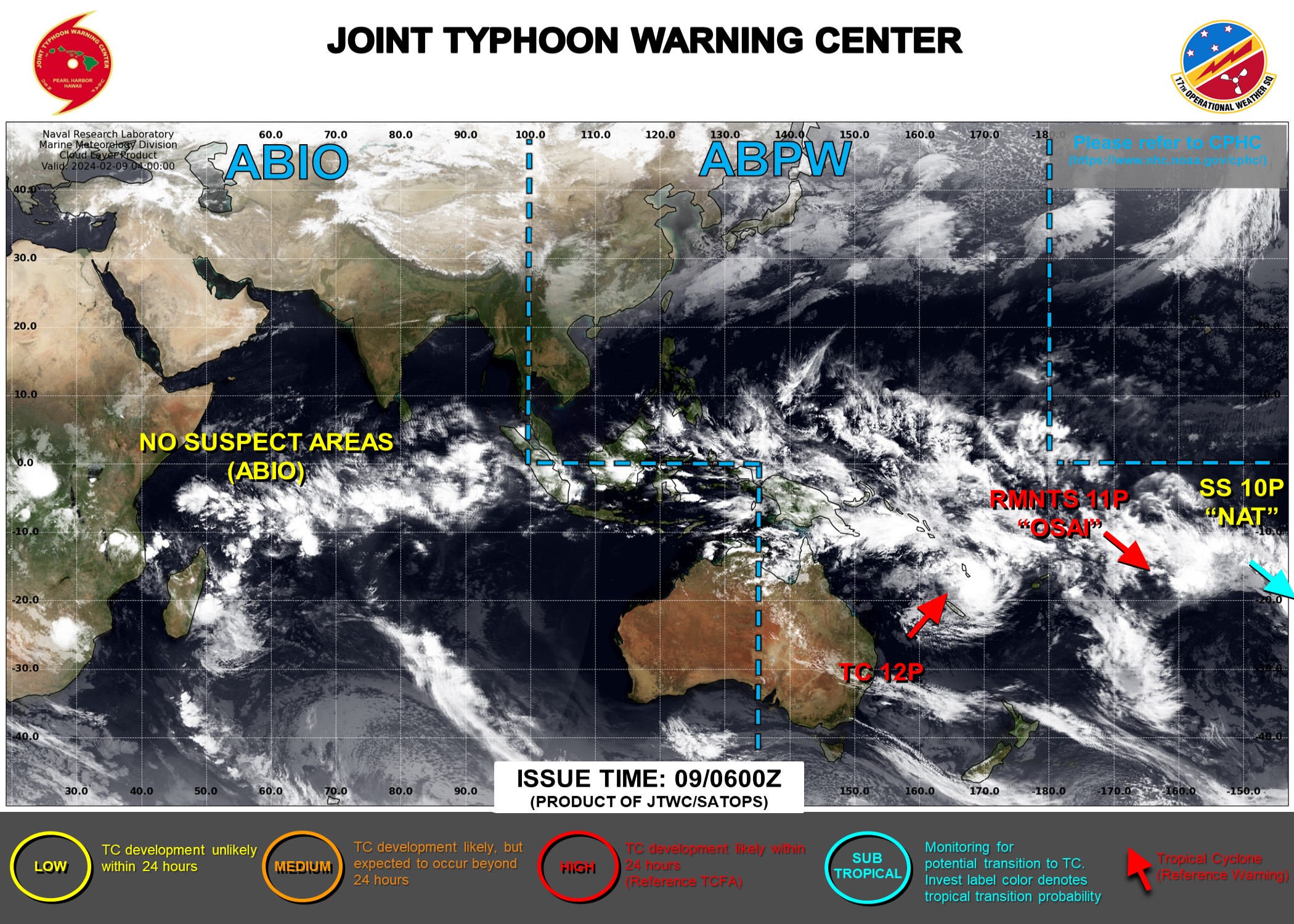 JTWC IS ISSUING 6HOURLY WARNINGS AND 3HOURLY SATELLITE BULLETINS ON TC 12P. 3HOURLY SATELLITE BULLETINS ARE ISSUED ON THE REMNANTS OF TC 11P(OSAI) AND ON SUBTROPICAL STORM 10P(NAT).