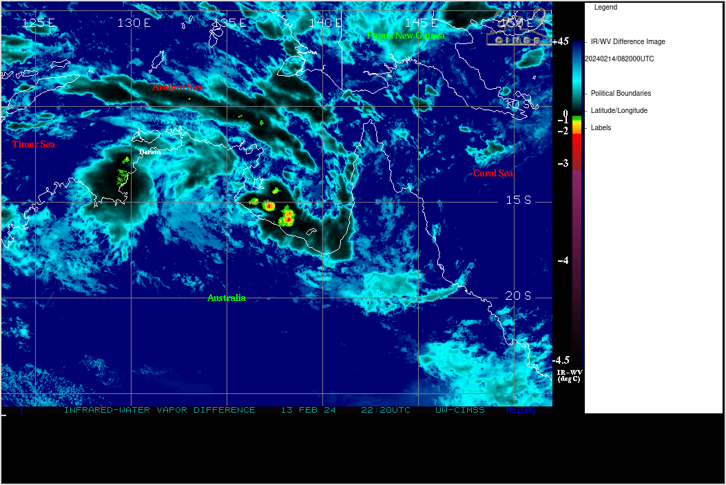 THE AREA OF CONVECTION (INVEST 93S) PREVIOUSLY LOCATED NEAR  15.1S 136.9E IS NOW LOCATED NEAR 15.4S 137.3E, APPROXIMATELY 419 NM  EAST-SOUTHEAST OF DARWIN. ANIMATED SATELLITE IMAGERY AND A 132358Z GMI  89GHZ SATELLITE MICROWAVE IMAGERY DEPICTS FORMATIVE SHALLOW BANDS OF  CONVECTION, AND A CONSOLIDATING LOW LEVEL CIRCULATION CENTER.  ENVIRONMENTAL ANALYSIS REVEALS THAT 93S IS IN A FAVORABLE ENVIRONMENT  FOR DEVELOPMENT, WITH VERY WARM (30-31C) SEA SURFACE TEMPERATURES,  MODERATE DUAL-CHANNEL OUTFLOW, AND LOW TO MARGINAL VERTICAL WIND SHEAR  (10-15 KTS). GLOBAL MODELS ARE IN GOOD AGREEMENT THAT 93S WILL  GENERALLY TRACK EASTWARD WITHIN THE NEXT 12 HOURS, MOVING OVER THE  SOUTHERN GULF OF CARPENTARIA. OVER THE NEXT 24-36 HOURS, NUMERICAL   MODELS ARE IN AGREEMENT THAT 93S WILL TURN SOUTHWARD TOWARDS LAND.  MAXIMUM SUSTAINED SURFACE WINDS ARE ESTIMATED AT 23 TO 28 KNOTS.  MINIMUM SEA LEVEL PRESSURE IS ESTIMATED TO BE NEAR 1003 MB. THE  POTENTIAL FOR THE DEVELOPMENT OF A SIGNIFICANT TROPICAL CYCLONE WITHIN  THE NEXT 24 HOURS REMAINS MEDIUM.