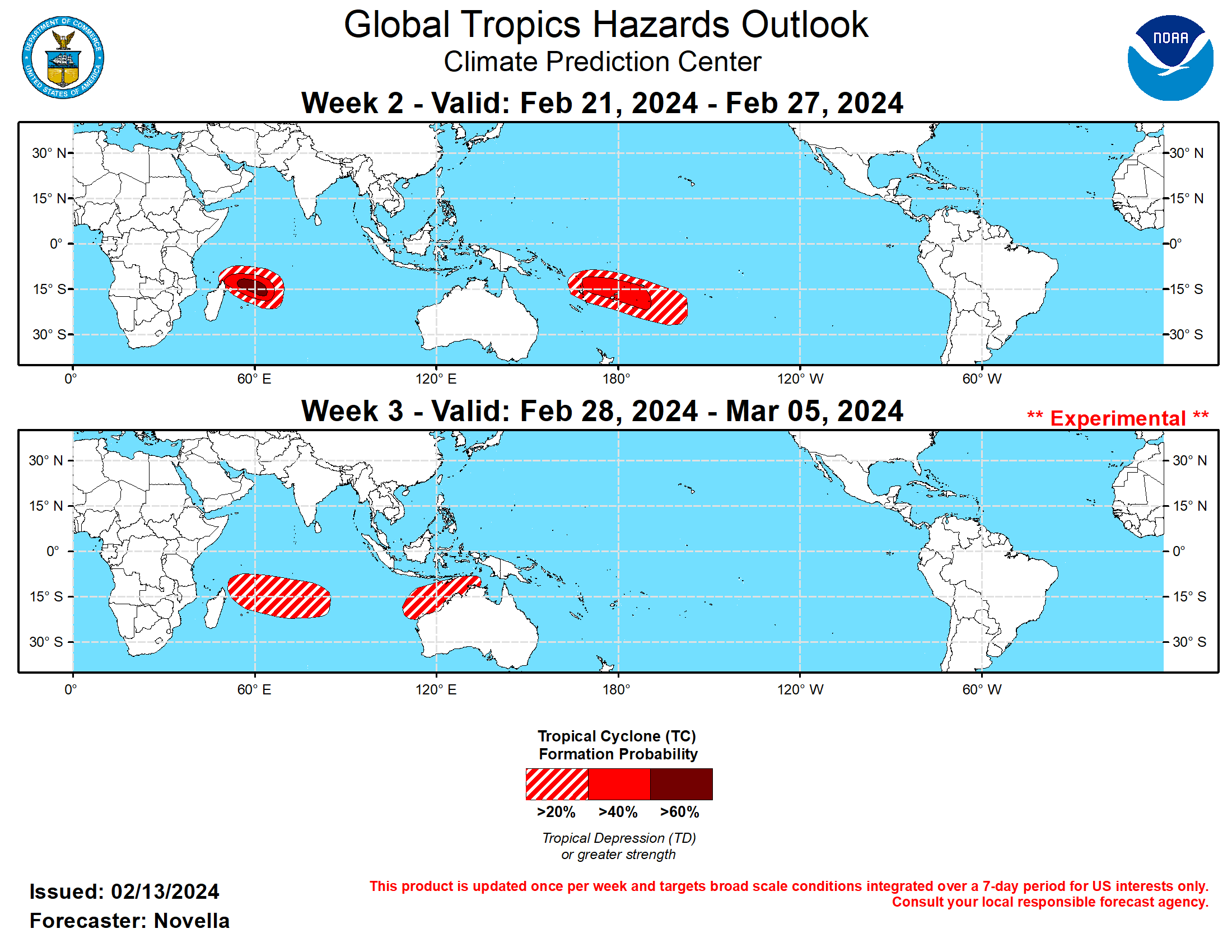 GTH Outlook Discussion Last Updated - 02/13/24 Valid - 02/21/24 - 03/05/24 Since earlier this month, RMM observations show a westward retreat of the MJO signal over the western Pacific, followed by the resumption of a more canonical eastward propagation where it has recently entered the Western Hemisphere (phase 8). The observed behavior appears to be tied to a fairly strong Rossby wave activity in the global tropics which led to a breakdown of the wave-1 spatial pattern in the upper-level velocity potential anomaly fields during the past week. Looking ahead, RMM forecasts have been consistent in favoring a weakened and incoherent MJO through late February, as models remain nearly unanimous with the signal falling within the unit circle in the next two weeks. However, analysis of several MJO variable forecasts reveal a more coherent MJO perspective, and the thinking is that the disorganizing MJO favored in the RMM forecasts may be more of an undesired effect of RMM methodology. A comparison of RMM indices with and without the 120-day running mean shows a sharp left-to-right shift of values in phase space, where the positive Indian Ocean Dipole (+IOD) event that peaked this past fall appears to be exerting a dominating influence in the mean. Because this low frequency response is no longer evident in the tropical circulation (namely, in the absence of enhanced lower-level easterlies over the Indian Ocean), the RMM forecasts may be overcorrecting themselves to the right along the RMM 1 axis, where the eastward propagating signals favored in the Western Hemisphere (phases 8 and 1) are actually higher in amplitude than what is being depicted.  As a result, this would suggest stronger MJO activity in the outlook, which is supported by upper-level velocity potential anomaly forecasts favoring more of a wave-1 pattern during the next several weeks. Though, it should be noted that even with this RMM biasing, there remains some uncertainty with the evolution of the MJO given a tendency in the model solutions for faster propagation speeds. This is still contributing to high ensemble spread, placing the enhanced envelope at different phases at the longer leads, which is also featured in the upper-level velocity potential forecasts between the ECMWF and GEFS. Regardless of these differences with timing, the large-scale environment is expected to be favorable for tropical cyclogenesis over the southern Indian Ocean, with increasingly less favorable conditions for additional Tropical Cyclone (TC) formation over the South Pacific heading into early March.  During the past week, two TCs developed in the South Pacific associated with a very strong band of anomalous lower-level westerlies ongoing to the south of the equator. TC Osai formed on 2/7 a few hundred miles northwest of American Samoa. This system tracked southeastward and peaked at Tropical Storm intensity before encountering a more hostile environment and quickly dissipating to the north of the Cook Islands on 2/8. Around the same time, TC Twelve formed further west in the Coral Sea and tracked to the east while peaking at Tropical Storm strength. TC Twelve weakened to a Tropical Depression and dissipated to the west of the Fiji Islands on 2/11, however ensemble solutions maintain an area of depression near the Date Line, where reformation or a newly formed area of tropical low pressure is possible in the region during week-1.  The Joint Typhoon Warning Center (JTWC) is currently monitoring an area (90S) in the southern Indian Ocean for potential development this week. In the wake of this disturbance, there is good model support for additional TC development to the east of Madagascar, and probabilistic tools indicate higher chances of formation near 15S/60E compared to previous runs. Based on continued ensemble support and trend, 60% chances are issued in the region for week-2. In the South Pacific, both equatorial Rossby and Kelvin wave activity are favored in the basin, prompting 40% chances for additional TC development for week-2. Higher chances were considered, however the aforementioned anomalous lower-level westerlies in the South Pacific are predicted to rapidly ease and possibly flip to easterly during week-2, thereby limiting TC genesis potential. 20% chances for development were also considered to the north of Australia based on continued elevated signals from ECMWF probabilistic tool, however this part of the tropics appears more unfavorable with the suppressed phase of the MJO in the region.  For week-3, probabilistic TC genesis tools show increased chances for additional TC development across the southern Indian Ocean, consistent with the enhanced phase of the MJO moving into the basin. However, lower-level wind anomaly forecasts are fairly muted and 20% chances are posted in the outlook. 20% chances are also issued to the north of Australia based on increased signals in the probabilistic tools. Although probabilistic tools feature some modest signals in the South Pacific, no shapes are posted in the basin due to the suppressed phase of the MJO moving into the basin to inhibit development.