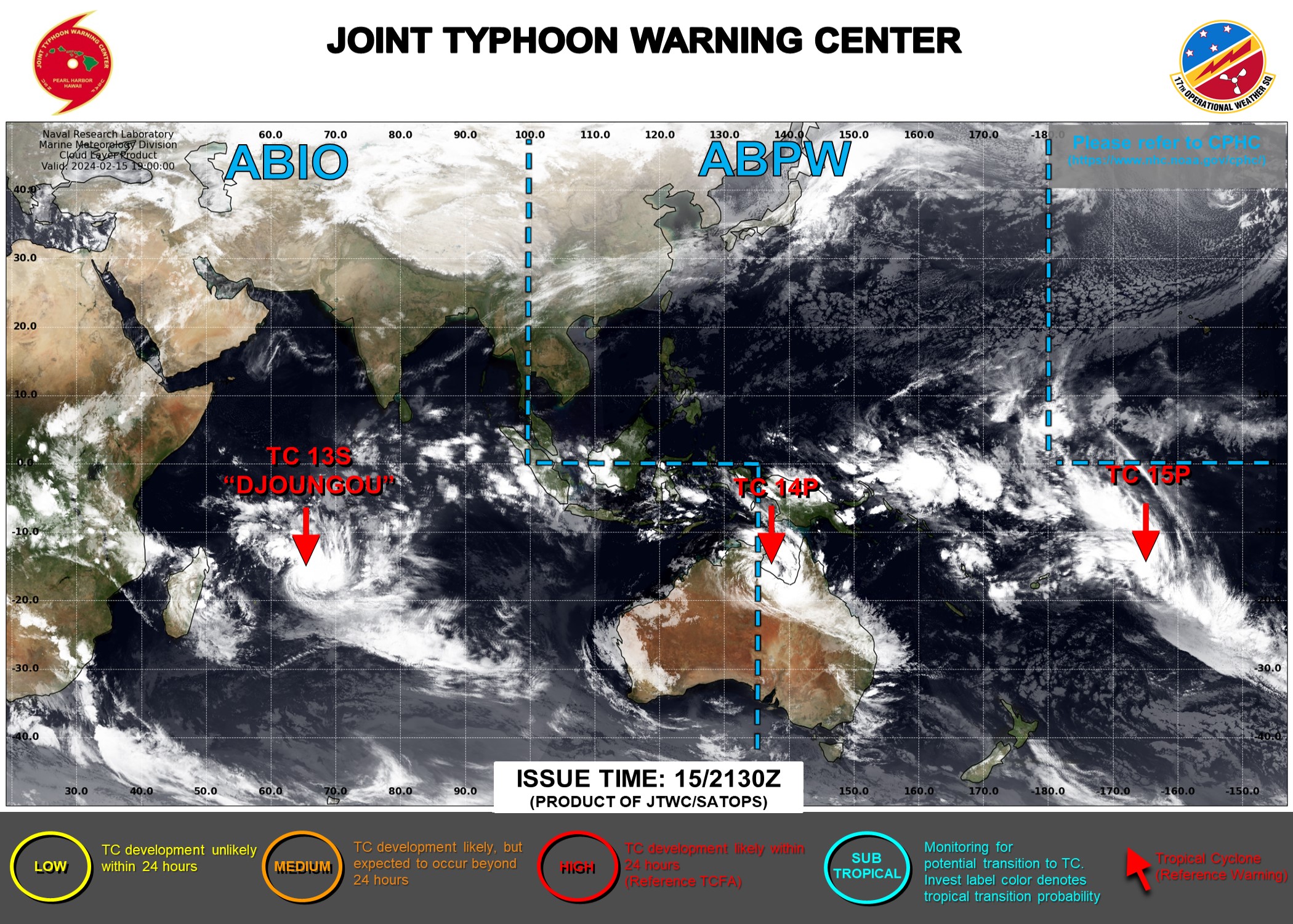 JTWC IS ISSUING 6HOURLY WARNINGS AND 3HOURLY SATELLITE BULLETINS ON TC 14P AND TC 15P. JTWC IS ISSUING 12HOURLY WARNINGS AND 3HOURLY SATELLITE BULLETINS ON TC 13S. JTWC IS ISSUING 6HOURLY WARNINGS AND 3HOURLY SATELLITE BULLETINS ON TC 14P AND TC 15P. JTWC IS ISSUING 12HOURLY WARNINGS AND 3HOURLY SATELLITE BULLETINS ON TC 13S.