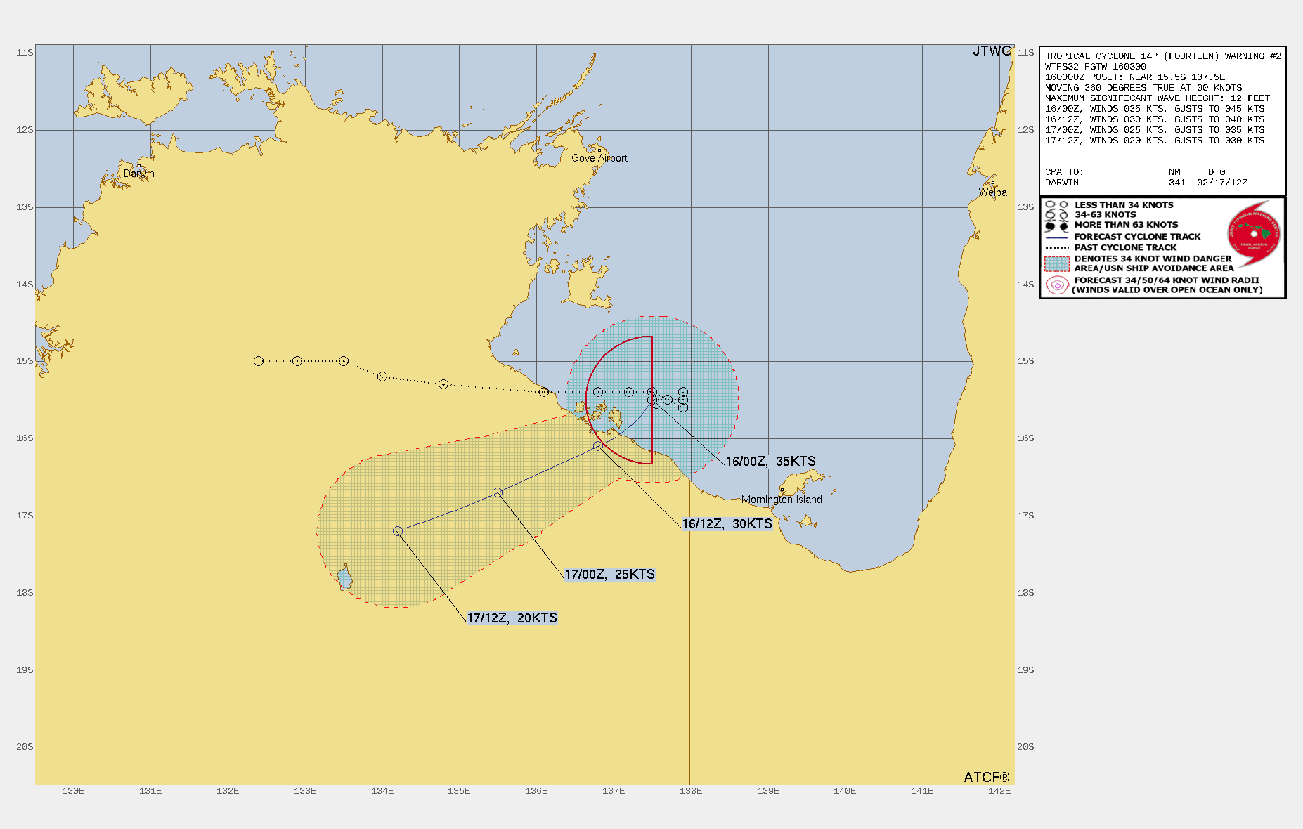 FORECAST REASONING.  SIGNIFICANT FORECAST CHANGES: THERE ARE NO SIGNIFICANT CHANGES TO THE FORECAST FROM THE PREVIOUS WARNING.  FORECAST DISCUSSION: TROPICAL CYCLONE 14P HAS BEEN QUASISTATIONARY FOR THE PAST SIX HOURS, MIRED IN WEAK STEERING CURRENTS BETWEEN TWO MID-LEVEL RIDGES OVER WESTERN AUSTRALIA AND THE CORAL SEA. HOWEVER, MODELS REMAIN IN AGREEMENT THAT A NET NORTHEASTERLY STEERING FLOW WILL DEVELOP SHORTLY AND PUSH 14P SOUTHWESTWARD AND INLAND OVER NORTHERN AUSTRALIA WITHIN THE NEXT 12 HOURS. DISSIPATION AND A SUBSEQUENT TRACK OF THE REMNANTS WESTWARD ACROSS NORTHERN AUSTRALIA WILL ENSUE. THIS TRACK COULD POTENTIALLY CARRY THE REMNANTS OUT INTO THE SOUTHEAST INDIAN OCEAN IN SEVERAL DAYS, AT WHICH POINT MODELS SUGGEST REGENERATION IS POSSIBLE. SHOULD THE REMNANTS IN FACT SURVIVE AND REEMERGE OVER WATER, THEY WILL BE MONITORED FOR REGENERATION. FORECAST REASONING.  SIGNIFICANT FORECAST CHANGES: THERE ARE NO SIGNIFICANT CHANGES TO THE FORECAST FROM THE PREVIOUS WARNING.  FORECAST DISCUSSION: TROPICAL CYCLONE 14P HAS BEEN QUASISTATIONARY FOR THE PAST SIX HOURS, MIRED IN WEAK STEERING CURRENTS BETWEEN TWO MID-LEVEL RIDGES OVER WESTERN AUSTRALIA AND THE CORAL SEA. HOWEVER, MODELS REMAIN IN AGREEMENT THAT A NET NORTHEASTERLY STEERING FLOW WILL DEVELOP SHORTLY AND PUSH 14P SOUTHWESTWARD AND INLAND OVER NORTHERN AUSTRALIA WITHIN THE NEXT 12 HOURS. DISSIPATION AND A SUBSEQUENT TRACK OF THE REMNANTS WESTWARD ACROSS NORTHERN AUSTRALIA WILL ENSUE. THIS TRACK COULD POTENTIALLY CARRY THE REMNANTS OUT INTO THE SOUTHEAST INDIAN OCEAN IN SEVERAL DAYS, AT WHICH POINT MODELS SUGGEST REGENERATION IS POSSIBLE. SHOULD THE REMNANTS IN FACT SURVIVE AND REEMERGE OVER WATER, THEY WILL BE MONITORED FOR REGENERATION.