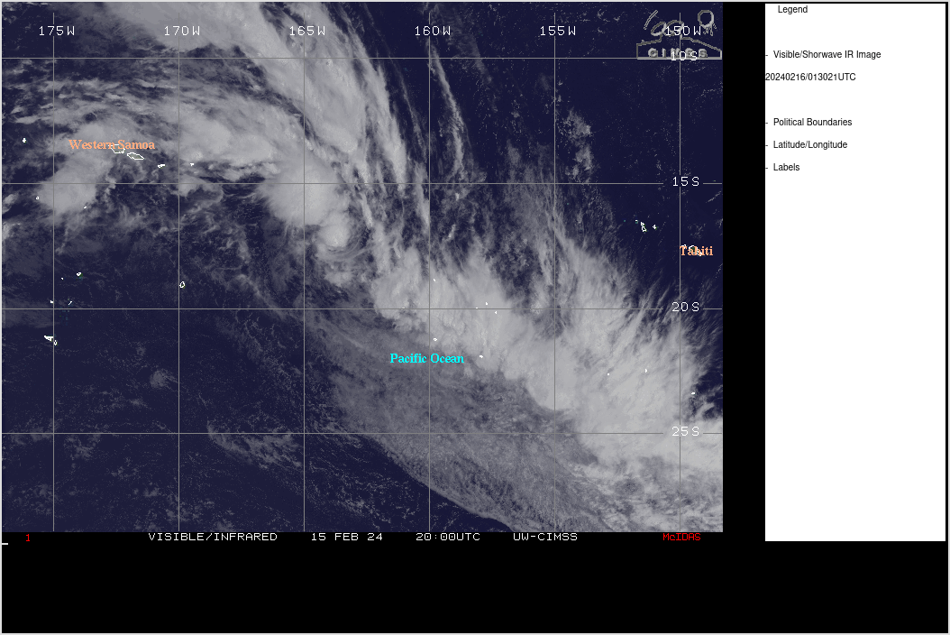 SATELLITE ANALYSIS, INITIAL POSITION AND INTENSITY DISCUSSION: ANIMATED MULTISPECTRAL SATELLITE IMAGERY (MSI) DEPICTS A WELL-DEFINED LOW-LEVEL CIRCULATION CENTER (LLCC) THAT IS APPROACHING A MID-LATITUDE FRONTAL ZONE ON THE NORTHEASTERN FLANK OF AN UPPER-LEVEL TROUGH. A 1929Z GMI MICROWAVE PASS AND A 2356Z ATMS MICROWAVE PASS SHOW THAT TIGHT CONVECTIVE BANDING EXISTS NEAR THE LLCC BUT IS ONLY WRAPPING AROUND THE NORTHERN AND EASTERN SIDES, LIKELY DUE TO MODERATE SOUTHWESTERLY SHEAR. THE INITIAL INTENSITY IS SET AT 40 KTS BASED ON A BLEND OF AGENCY DVORAK ESTIMATES AND OBJECTIVE SATELLITE INTENSITY ESTIMATES FROM CIMSS. STRONG POLEWARD OUTFLOW IS EVIDENT IN SATELLITE IMAGERY TOWARDS THE JET STREAK TO THE SOUTHEAST OF THE CYCLONE. AITUTAKI ISLAND ABOUT 210 NM TO THE EAST-SOUTHEAST HAS BEEN OBSERVING SUSTAINED NORTHEASTERLY WINDS OF 21-22 KT DURING THE PAST FEW HOURS. SATELLITE ANALYSIS, INITIAL POSITION AND INTENSITY DISCUSSION: ANIMATED MULTISPECTRAL SATELLITE IMAGERY (MSI) DEPICTS A WELL-DEFINED LOW-LEVEL CIRCULATION CENTER (LLCC) THAT IS APPROACHING A MID-LATITUDE FRONTAL ZONE ON THE NORTHEASTERN FLANK OF AN UPPER-LEVEL TROUGH. A 1929Z GMI MICROWAVE PASS AND A 2356Z ATMS MICROWAVE PASS SHOW THAT TIGHT CONVECTIVE BANDING EXISTS NEAR THE LLCC BUT IS ONLY WRAPPING AROUND THE NORTHERN AND EASTERN SIDES, LIKELY DUE TO MODERATE SOUTHWESTERLY SHEAR. THE INITIAL INTENSITY IS SET AT 40 KTS BASED ON A BLEND OF AGENCY DVORAK ESTIMATES AND OBJECTIVE SATELLITE INTENSITY ESTIMATES FROM CIMSS. STRONG POLEWARD OUTFLOW IS EVIDENT IN SATELLITE IMAGERY TOWARDS THE JET STREAK TO THE SOUTHEAST OF THE CYCLONE. AITUTAKI ISLAND ABOUT 210 NM TO THE EAST-SOUTHEAST HAS BEEN OBSERVING SUSTAINED NORTHEASTERLY WINDS OF 21-22 KT DURING THE PAST FEW HOURS.