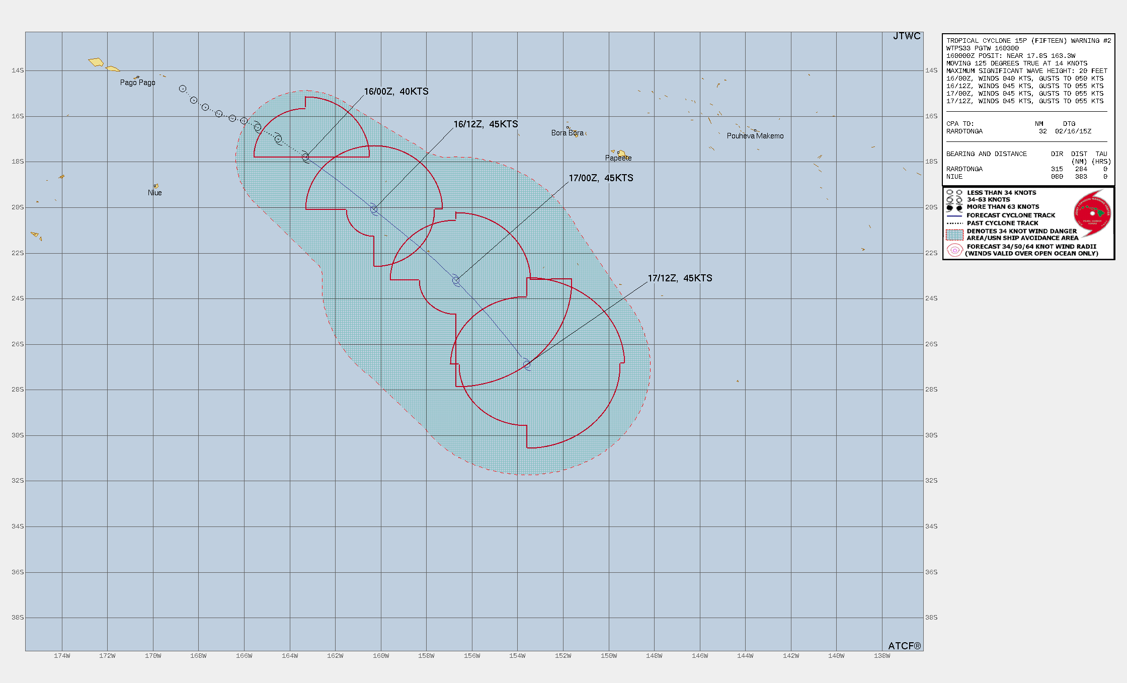 FORECAST REASONING.  SIGNIFICANT FORECAST CHANGES: THERE ARE NO SIGNIFICANT CHANGES TO THE FORECAST FROM THE PREVIOUS WARNING.  FORECAST DISCUSSION: TROPICAL CYCLONE 15P IS ACCELERATING SOUTHEASTWARD AS IT APPROACHES A FRONTAL BOUNDARY AND UPPER-LEVEL TROUGH TO THE SOUTH. THIS WILL INITIATE THE PROCESS OF EXTRATROPICAL TRANSITION IN ABOUT 12 HOURS AS VERTICAL SHEAR AND BAROCLINICITY DRAMATICALLY INCREASE. GLOBAL MODELS ARE IN GOOD AGREEMENT THAT 15P WILL BECOME A FRONTAL CYCLONE IN ABOUT 36 HOURS. THE INTENSITY FORECAST SHOWS POTENTIAL FOR A SLIGHT INCREASE IN MAXIMUM WINDS TO AROUND 45 KT DUE TO BAROCLINIC ENHANCEMENT OF THE WIND FIELD, WHICH DYNAMICAL MODELS ALSO AGREE ON. FORECAST REASONING.  SIGNIFICANT FORECAST CHANGES: THERE ARE NO SIGNIFICANT CHANGES TO THE FORECAST FROM THE PREVIOUS WARNING.  FORECAST DISCUSSION: TROPICAL CYCLONE 15P IS ACCELERATING SOUTHEASTWARD AS IT APPROACHES A FRONTAL BOUNDARY AND UPPER-LEVEL TROUGH TO THE SOUTH. THIS WILL INITIATE THE PROCESS OF EXTRATROPICAL TRANSITION IN ABOUT 12 HOURS AS VERTICAL SHEAR AND BAROCLINICITY DRAMATICALLY INCREASE. GLOBAL MODELS ARE IN GOOD AGREEMENT THAT 15P WILL BECOME A FRONTAL CYCLONE IN ABOUT 36 HOURS. THE INTENSITY FORECAST SHOWS POTENTIAL FOR A SLIGHT INCREASE IN MAXIMUM WINDS TO AROUND 45 KT DUE TO BAROCLINIC ENHANCEMENT OF THE WIND FIELD, WHICH DYNAMICAL MODELS ALSO AGREE ON.